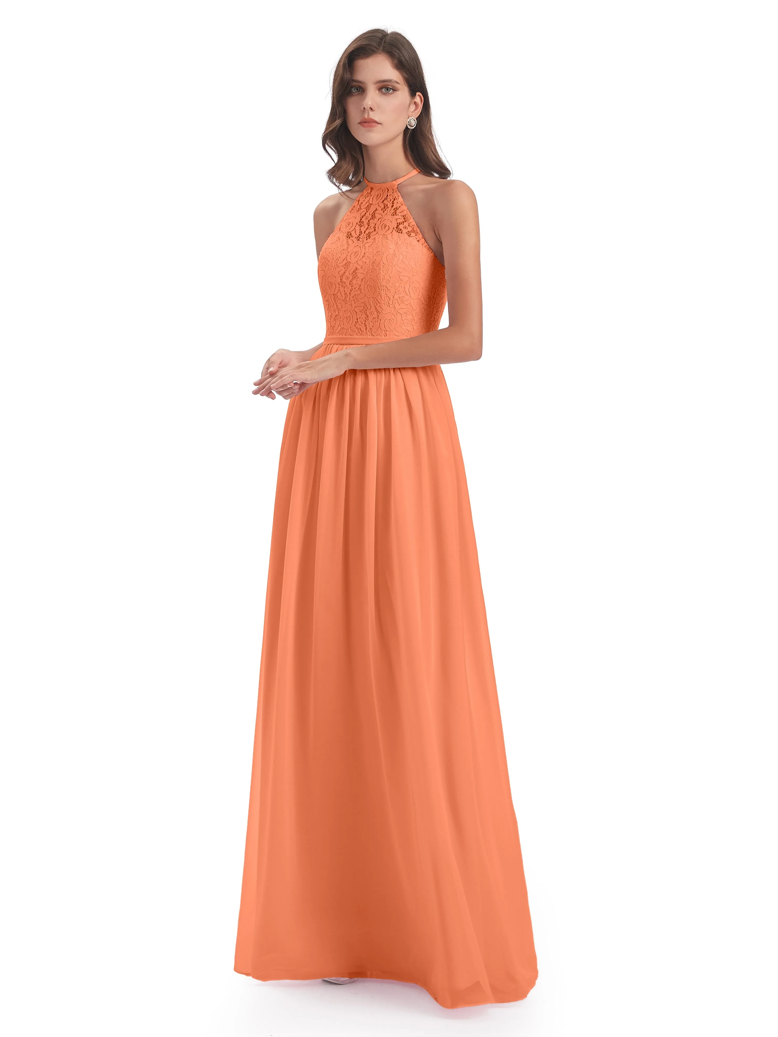 Emma Stunning Halter Floor Length Lace/Chiffon Bridesmaid Dresses