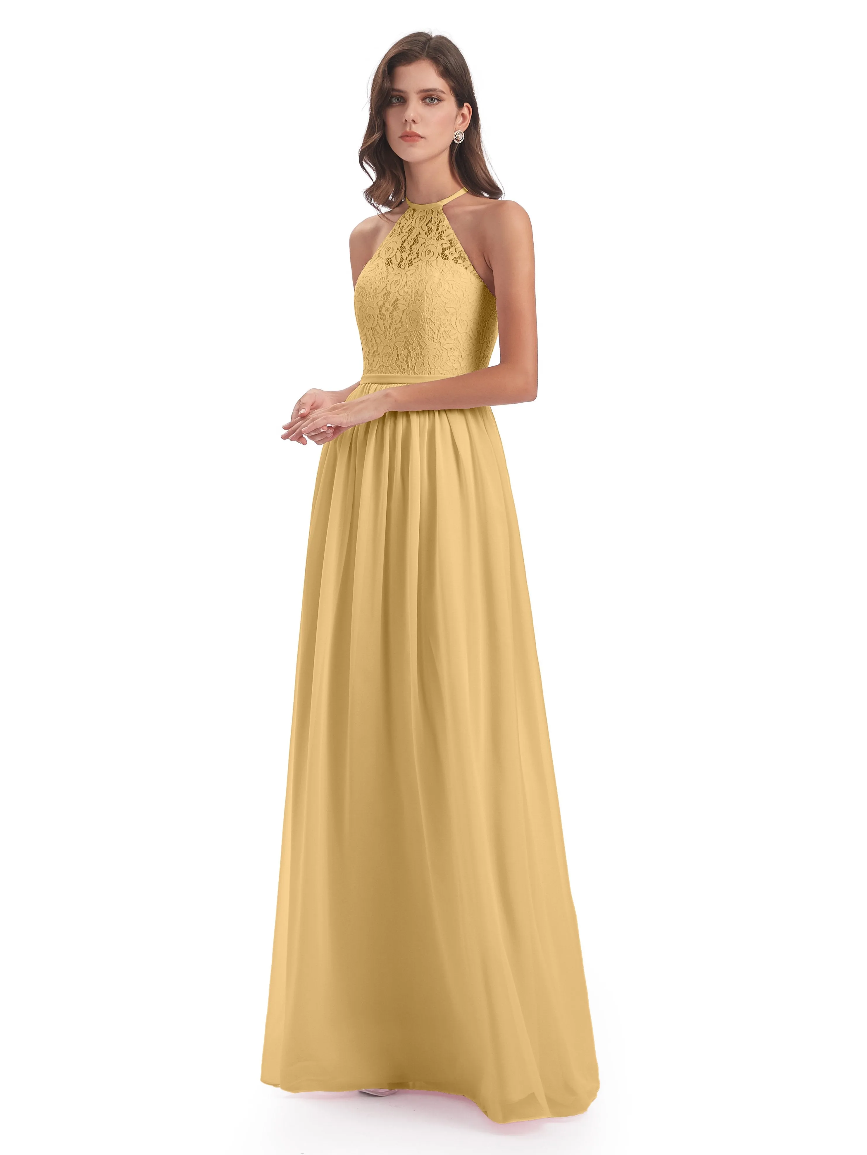 Emma Stunning Halter Floor Length Lace/Chiffon Bridesmaid Dresses