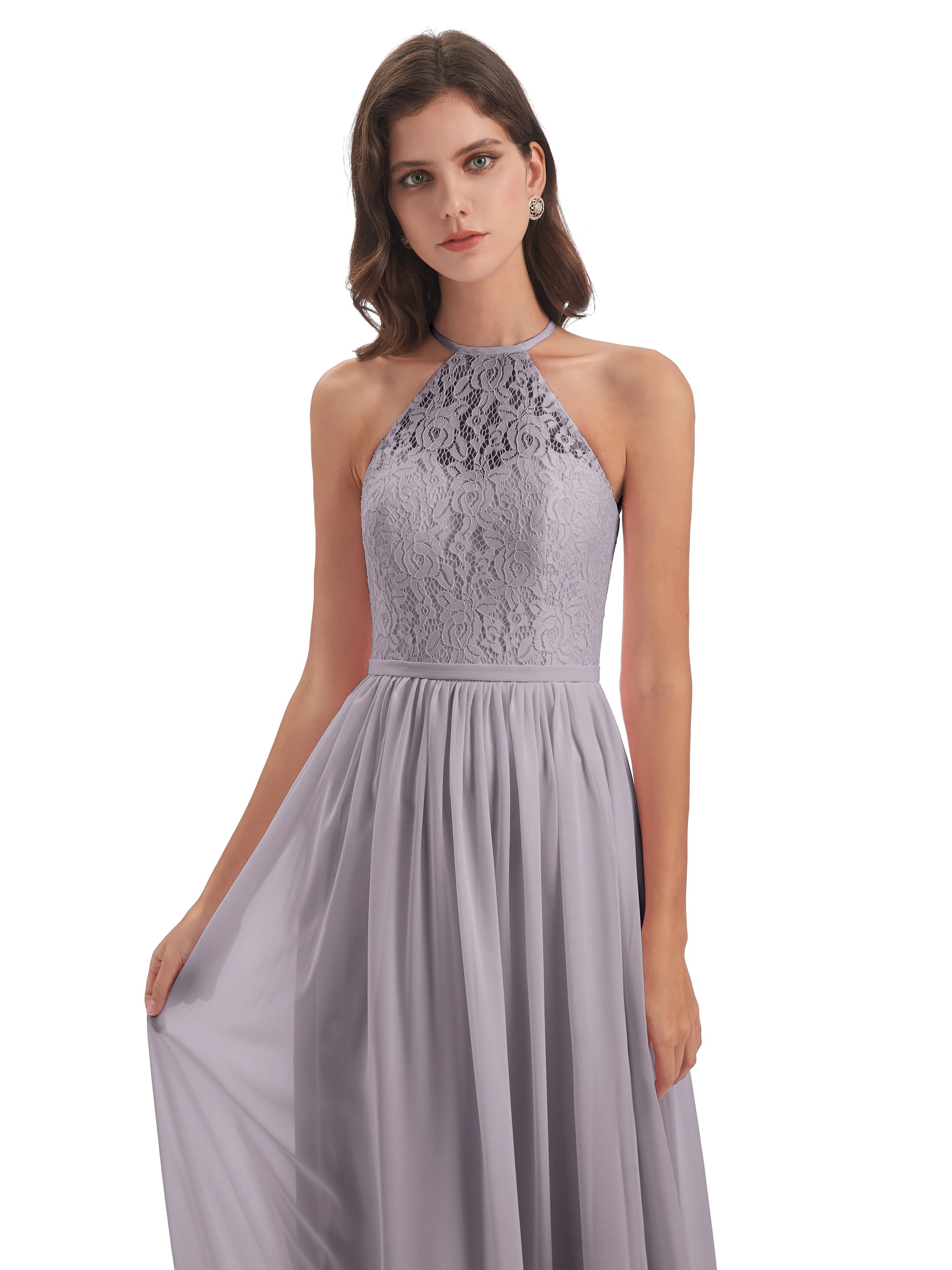 Emma Stunning Halter Floor Length Lace/Chiffon Bridesmaid Dresses