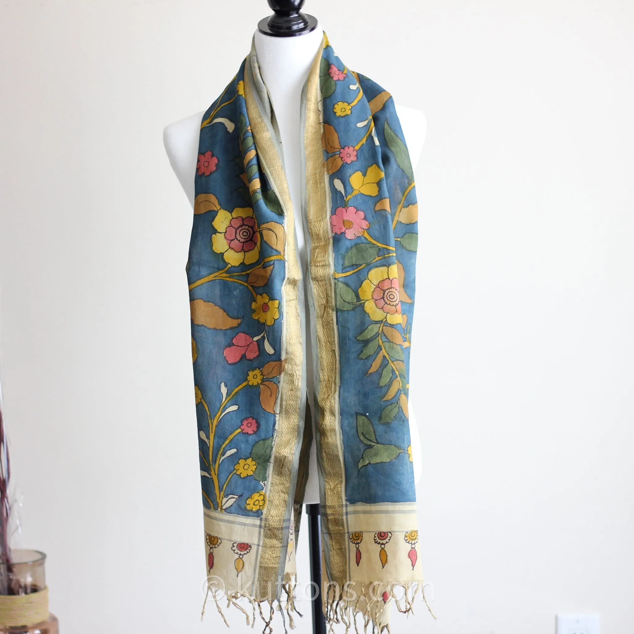 Ethnic Hand-Painted Handwoven Kalamkari Chanderi Cotton Wrap -  Natural Colours | Blue-Yellow Stole, 21x70"