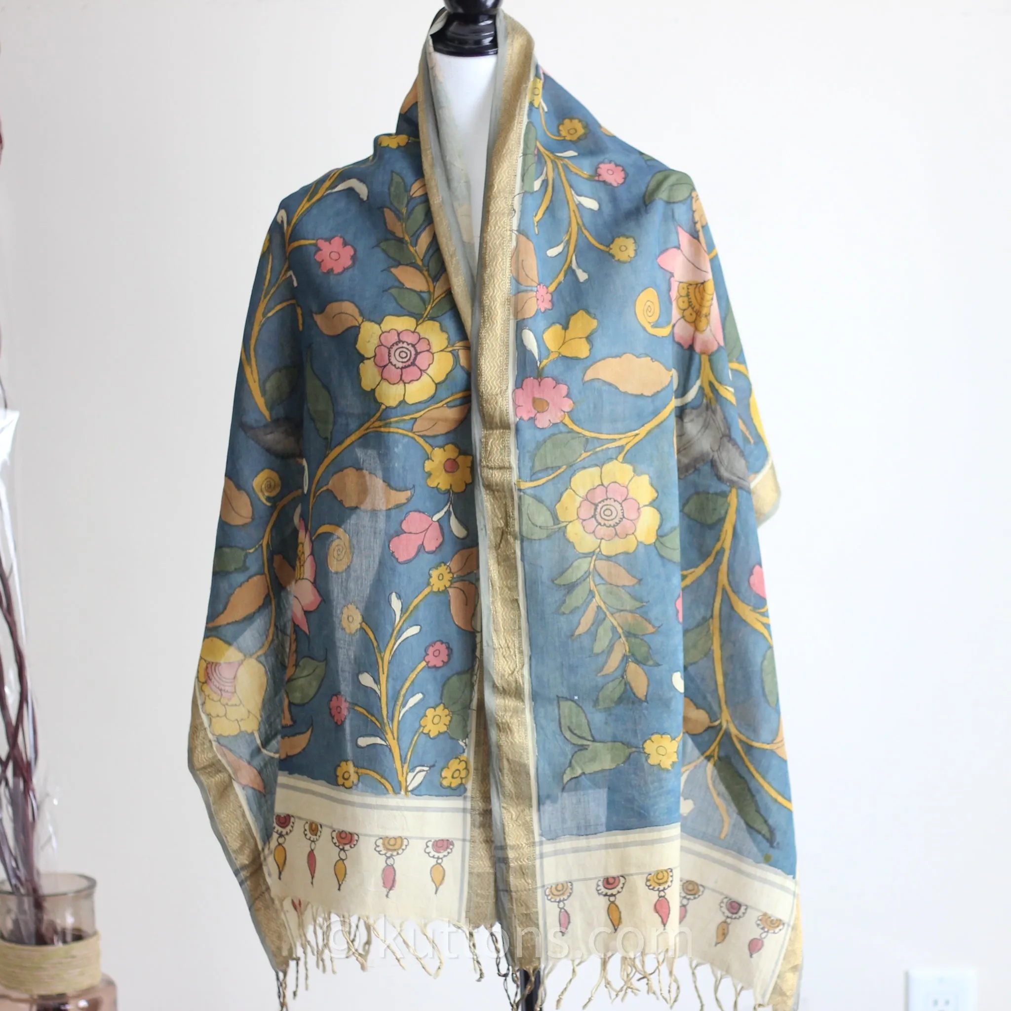 Ethnic Hand-Painted Handwoven Kalamkari Chanderi Cotton Wrap -  Natural Colours | Blue-Yellow Stole, 21x70"