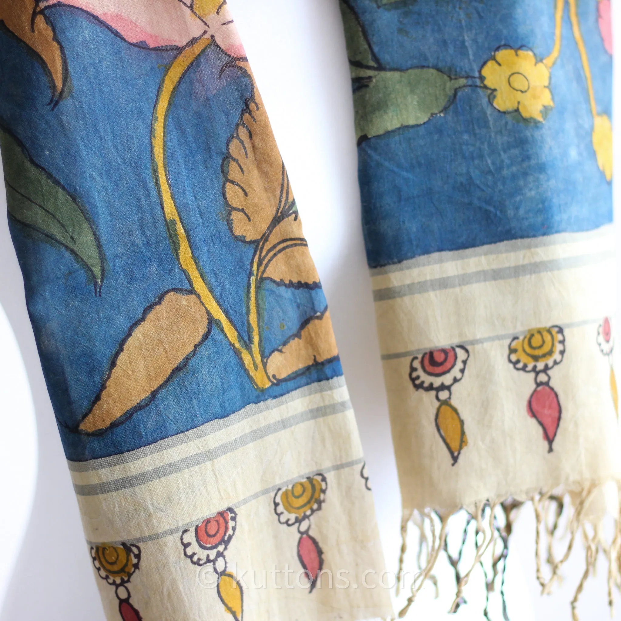 Ethnic Hand-Painted Handwoven Kalamkari Chanderi Cotton Wrap -  Natural Colours | Blue-Yellow Stole, 21x70"