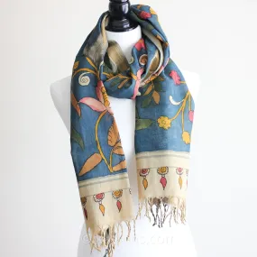 Ethnic Hand-Painted Handwoven Kalamkari Chanderi Cotton Wrap -  Natural Colours | Blue-Yellow Stole, 21x70"