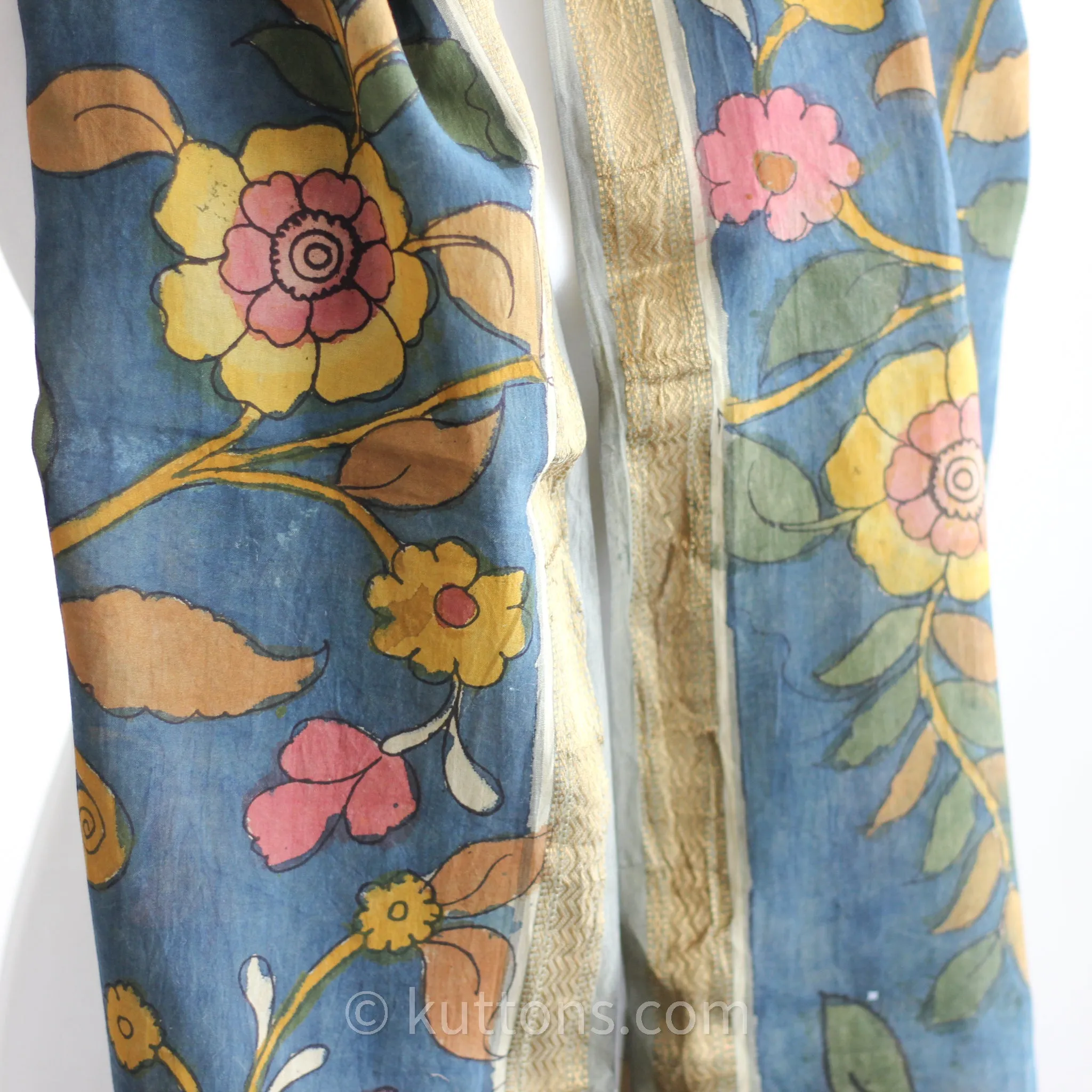 Ethnic Hand-Painted Handwoven Kalamkari Chanderi Cotton Wrap -  Natural Colours | Blue-Yellow Stole, 21x70"