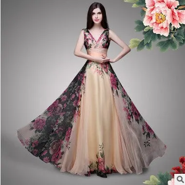 European and American Elegant Double-Shoulder Flower Dress Long Dress Evening Dress @