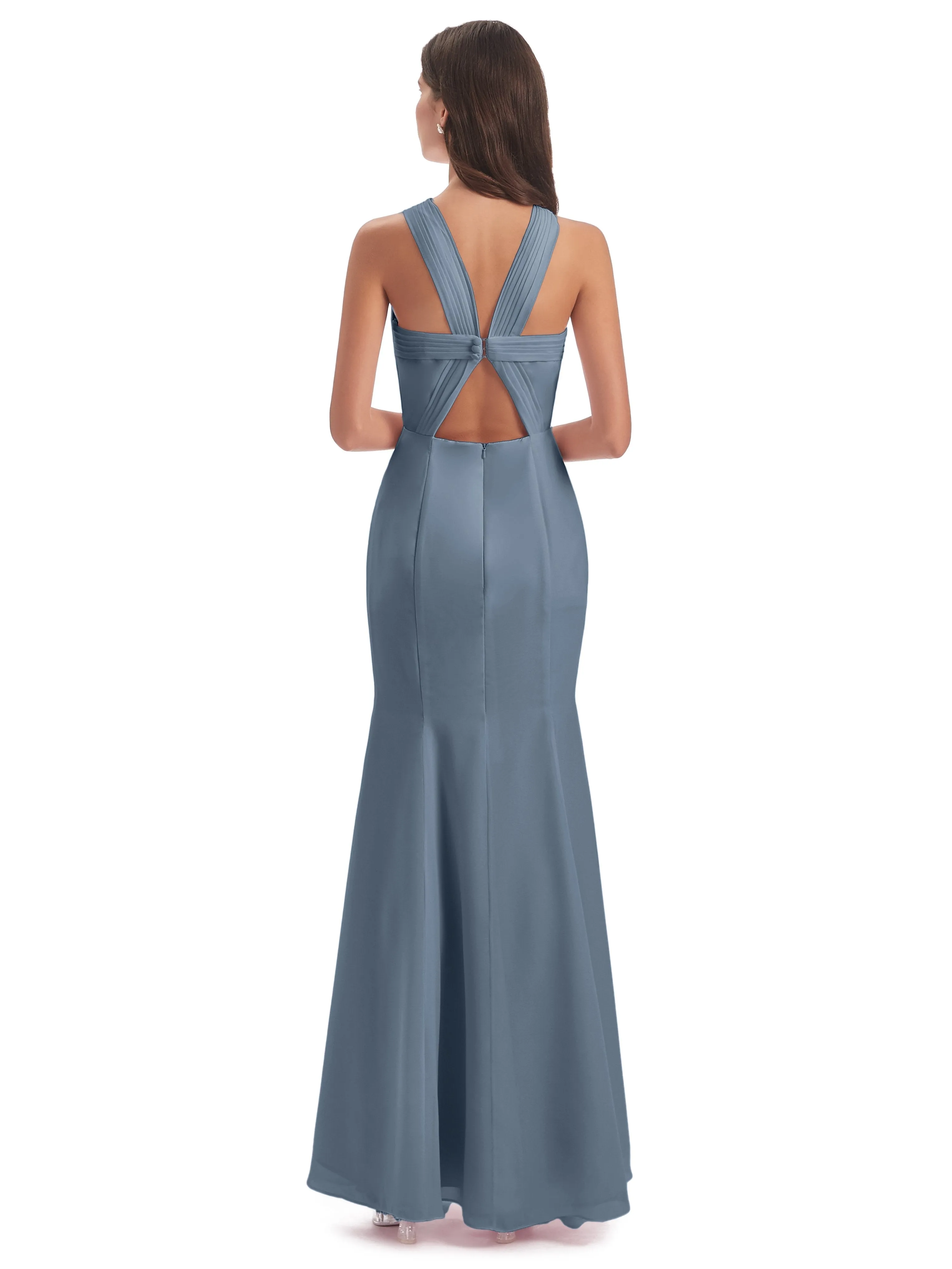 Evie Unique Trumpet-Hourglass Halter Split Long Bridesmaid Dresses