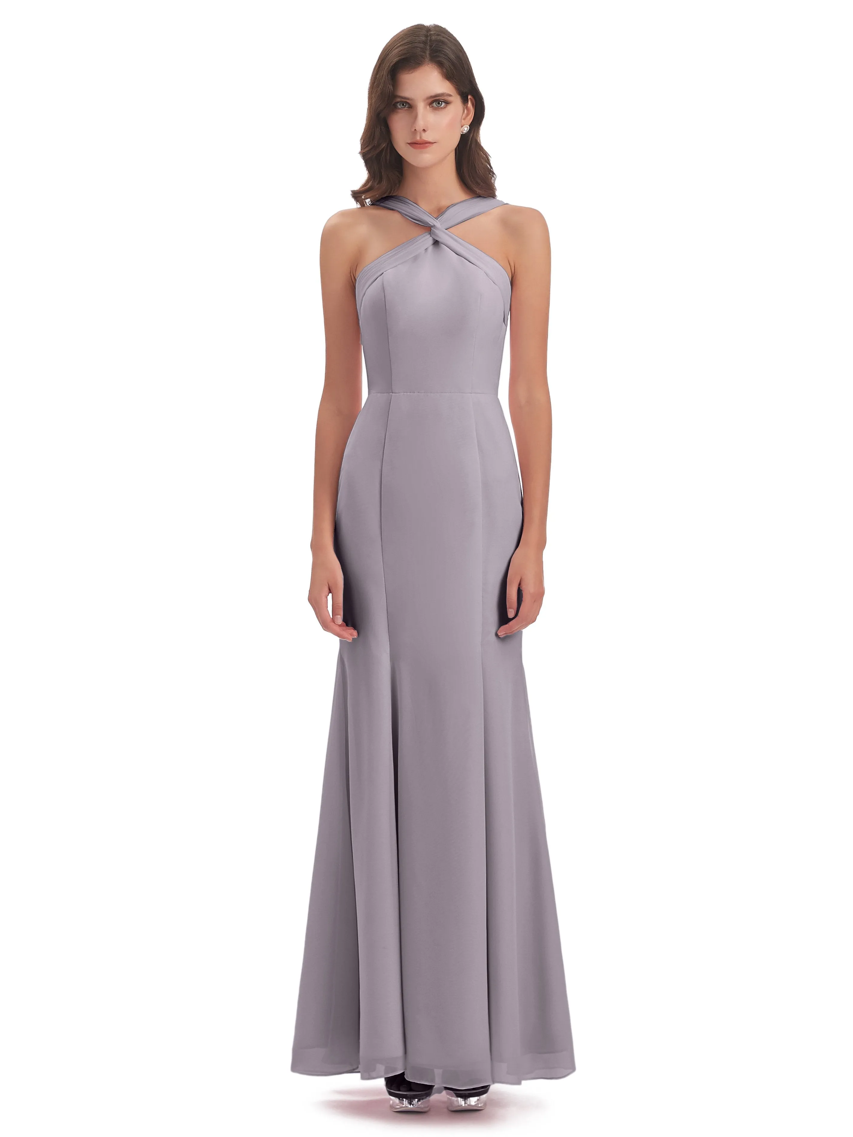 Evie Unique Trumpet-Hourglass Halter Split Long Bridesmaid Dresses