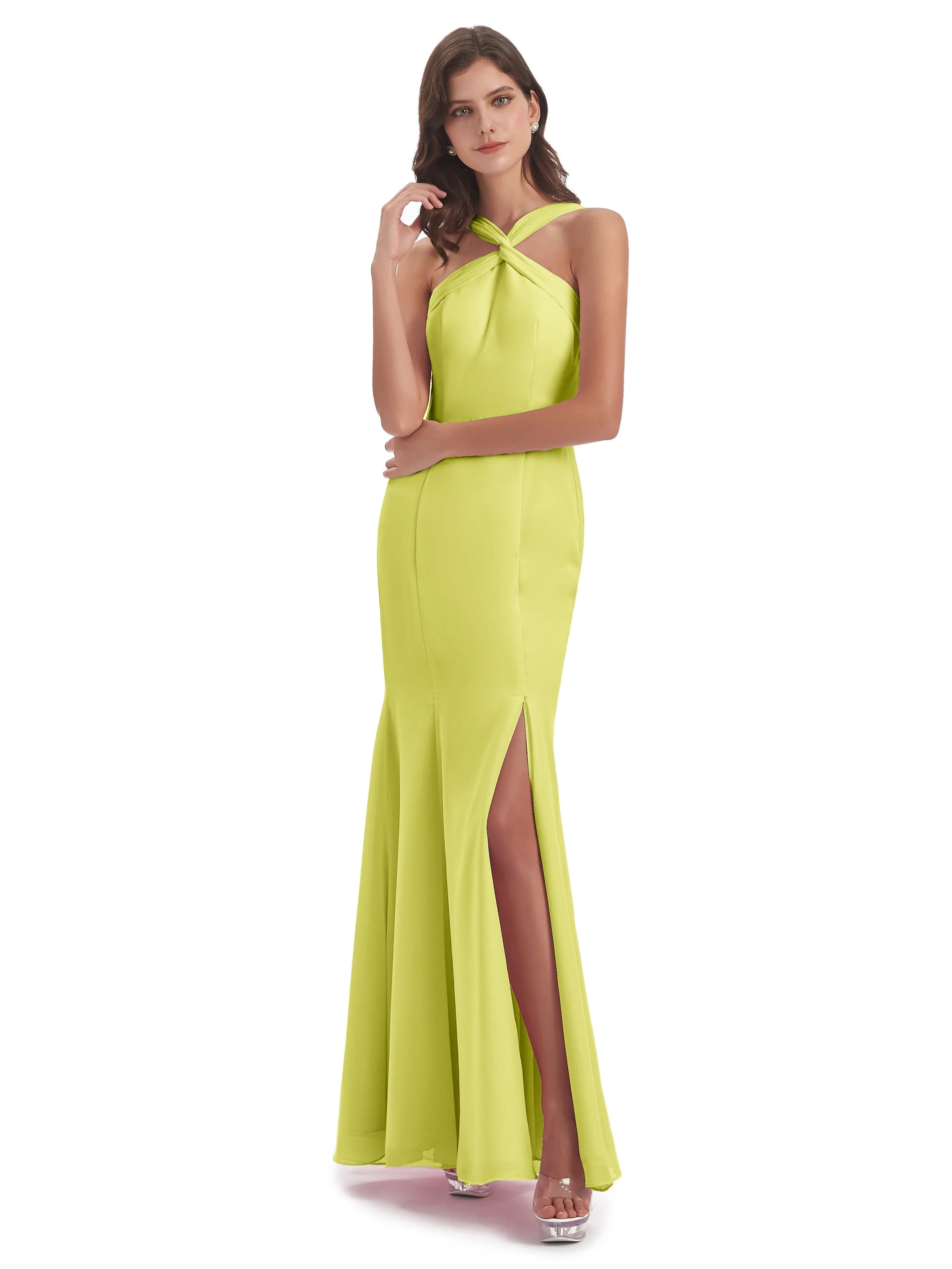 Evie Unique Trumpet-Hourglass Halter Split Long Bridesmaid Dresses