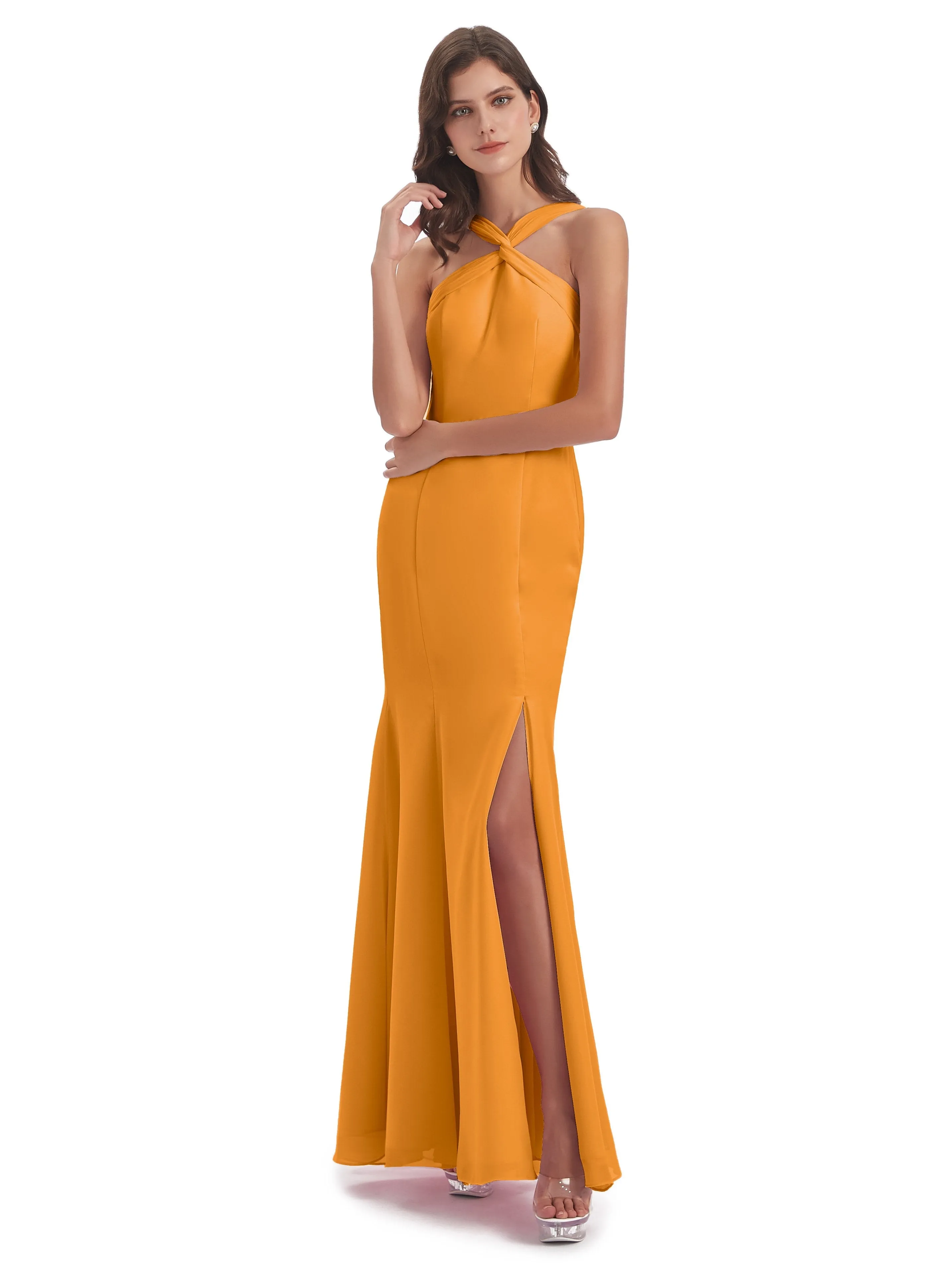 Evie Unique Trumpet-Hourglass Halter Split Long Bridesmaid Dresses