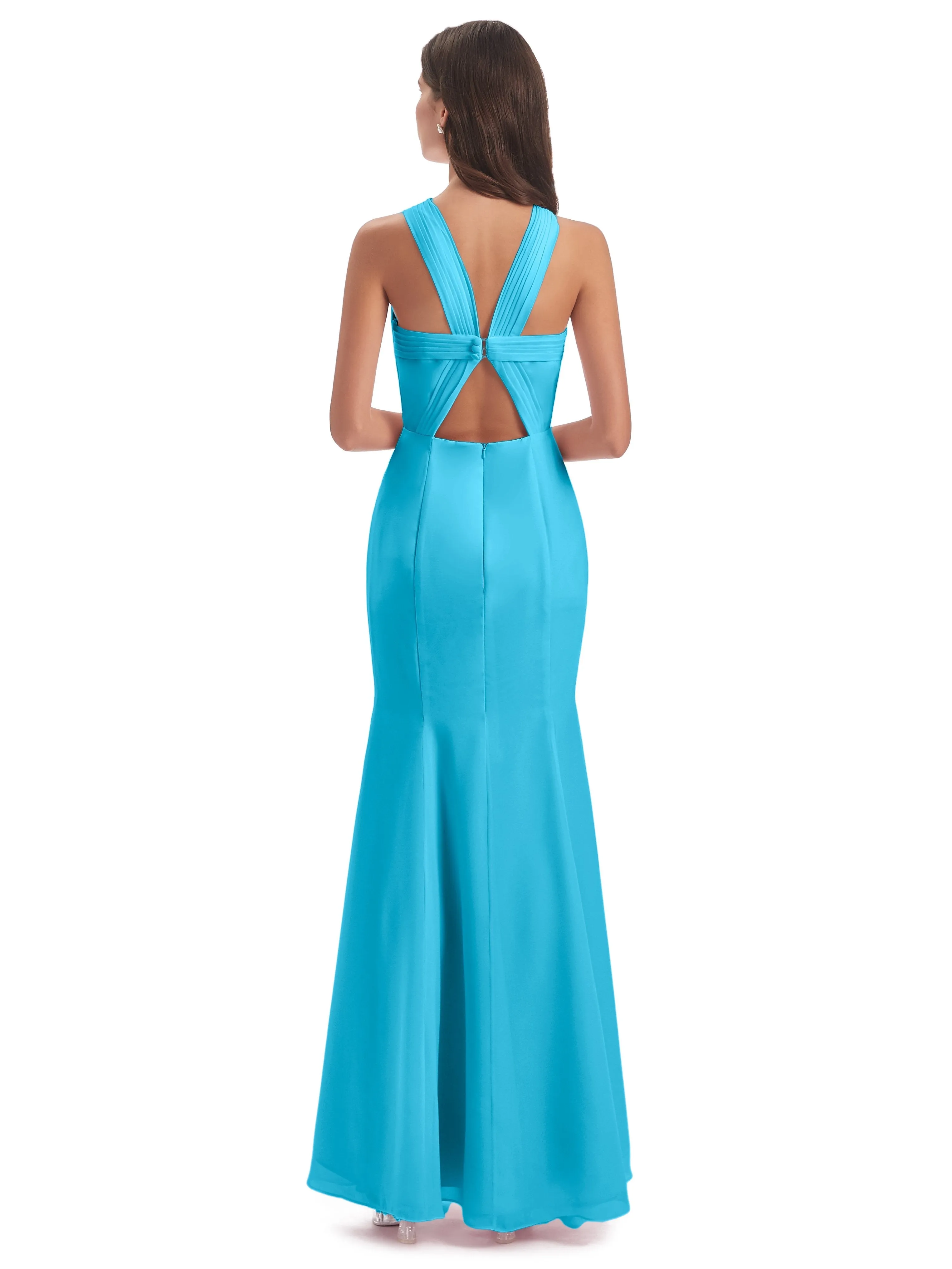 Evie Unique Trumpet-Hourglass Halter Split Long Bridesmaid Dresses