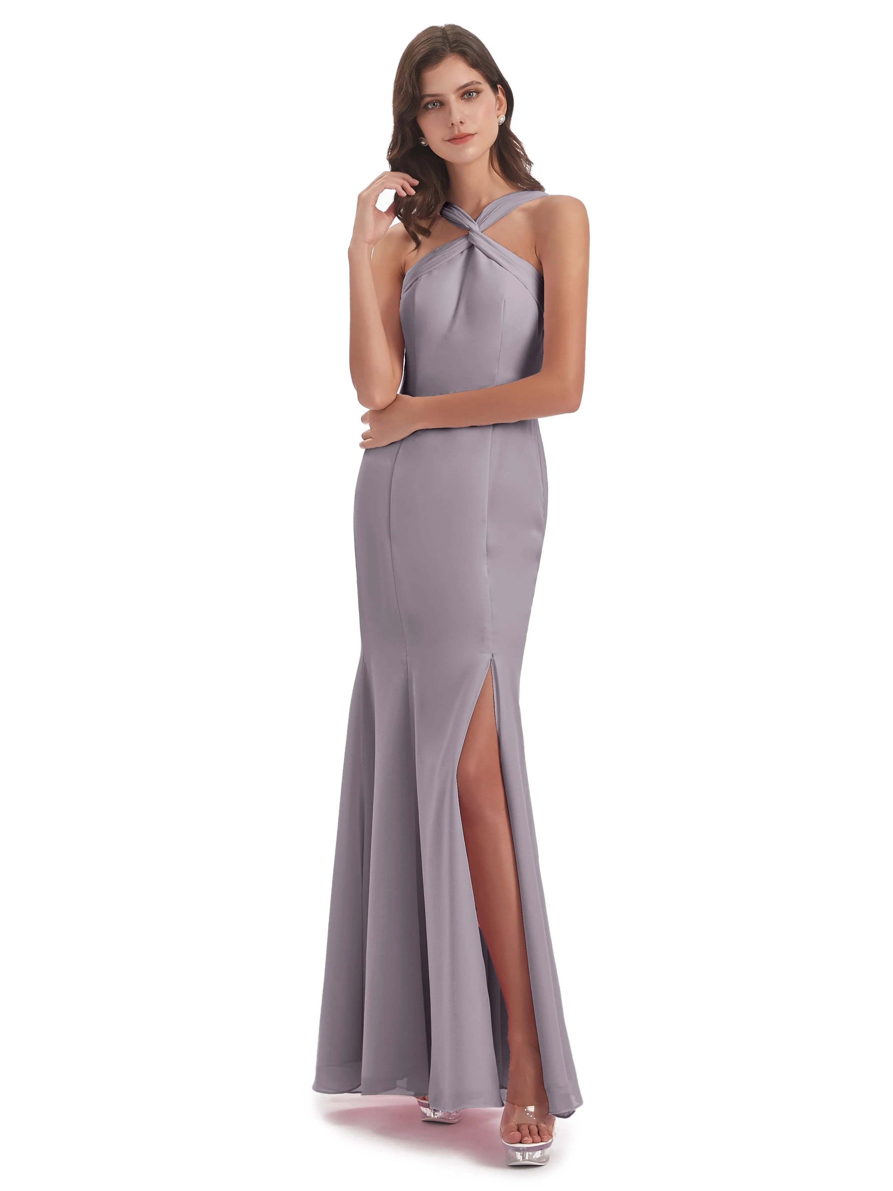 Evie Unique Trumpet-Hourglass Halter Split Long Bridesmaid Dresses