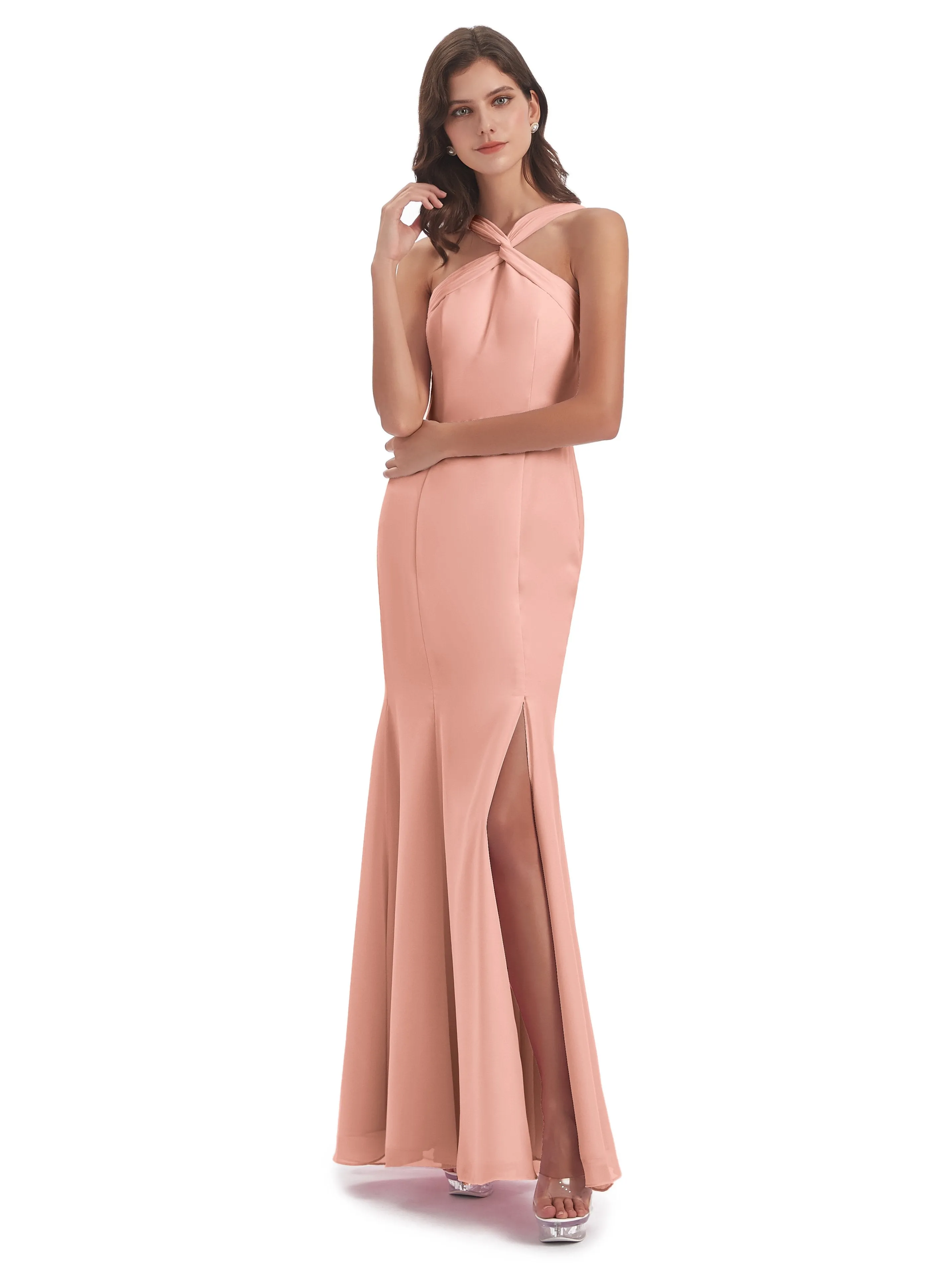 Evie Unique Trumpet-Hourglass Halter Split Long Bridesmaid Dresses