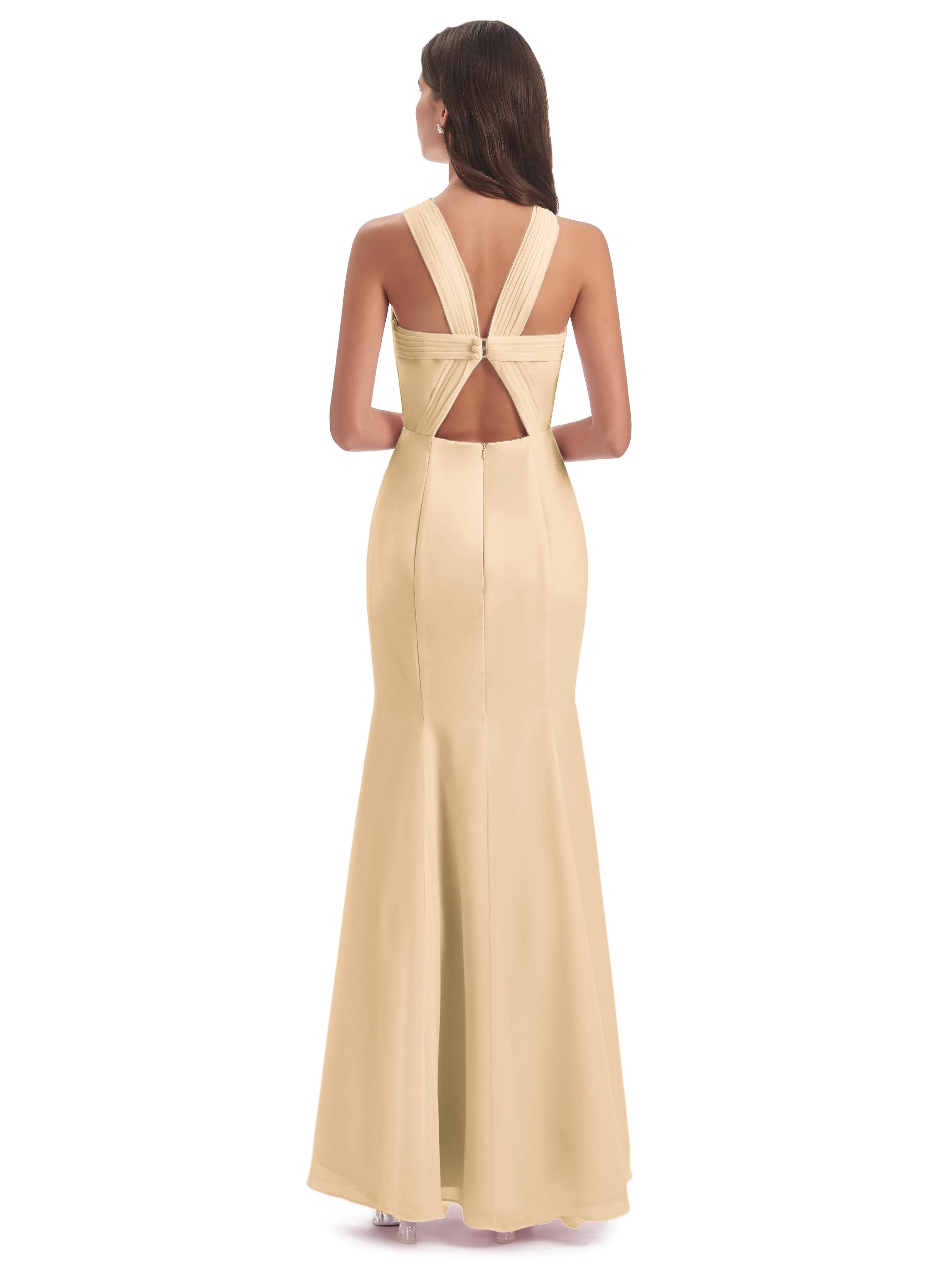 Evie Unique Trumpet-Hourglass Halter Split Long Bridesmaid Dresses