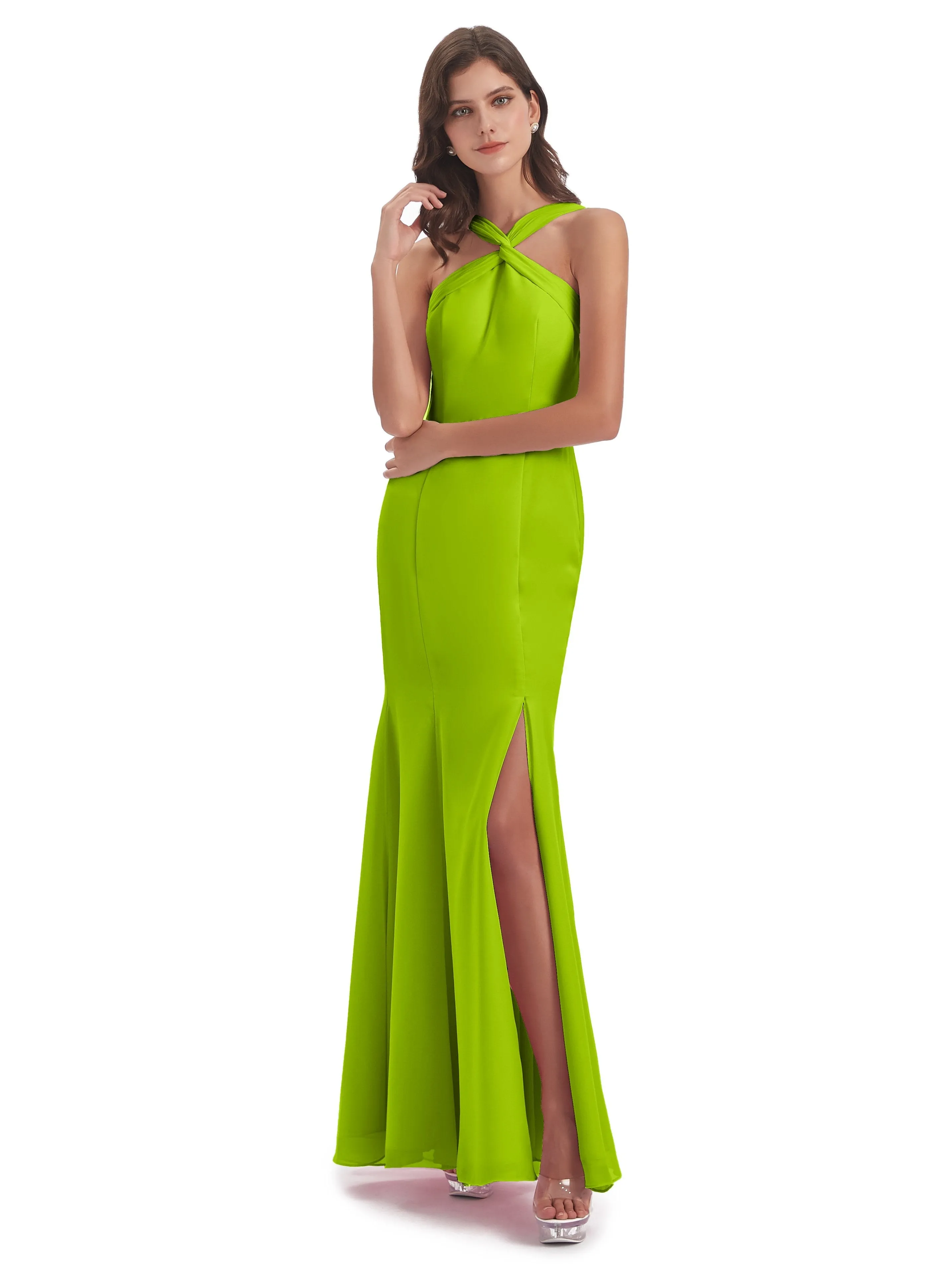 Evie Unique Trumpet-Hourglass Halter Split Long Bridesmaid Dresses