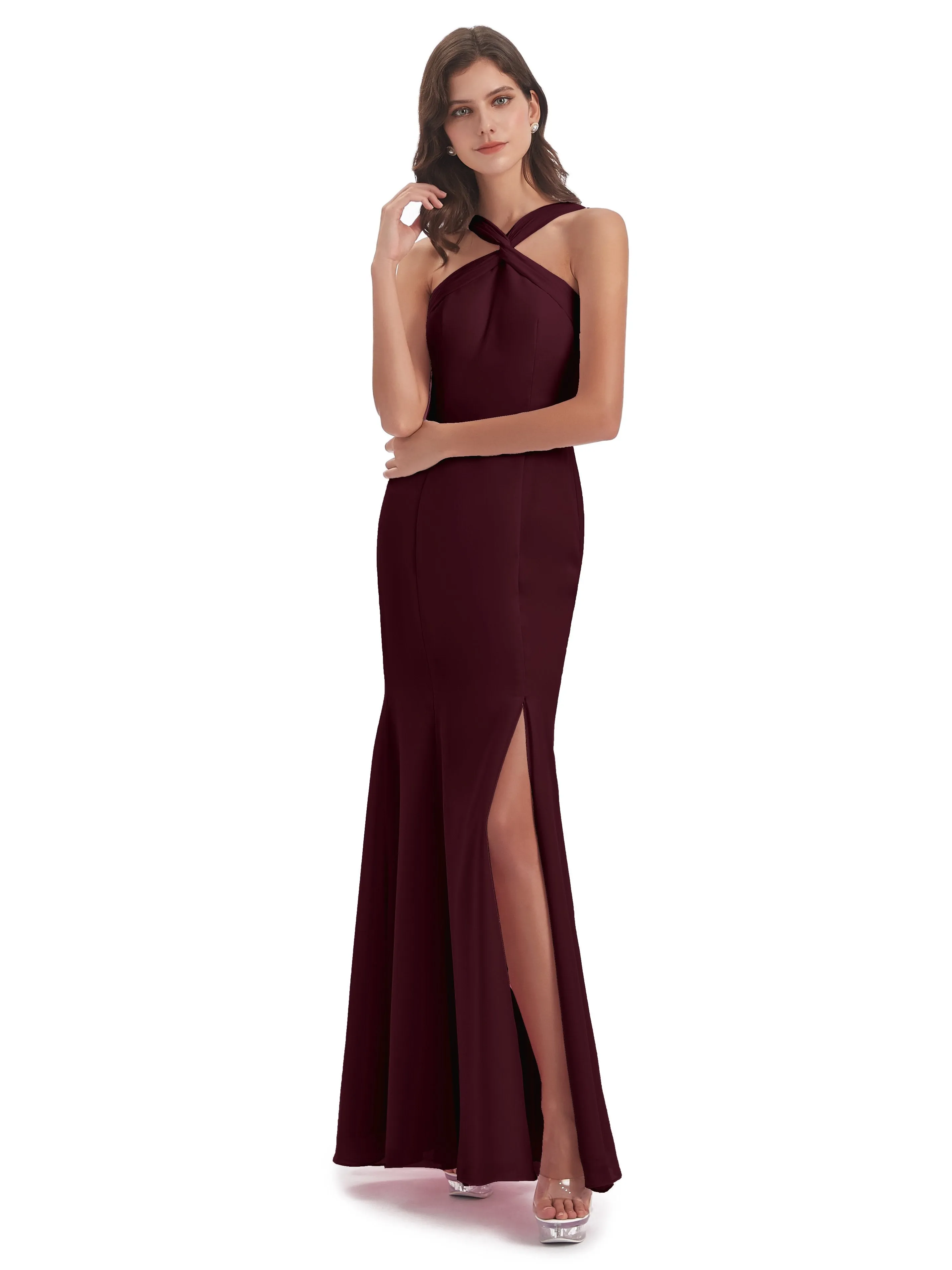 Evie Unique Trumpet-Hourglass Halter Split Long Bridesmaid Dresses