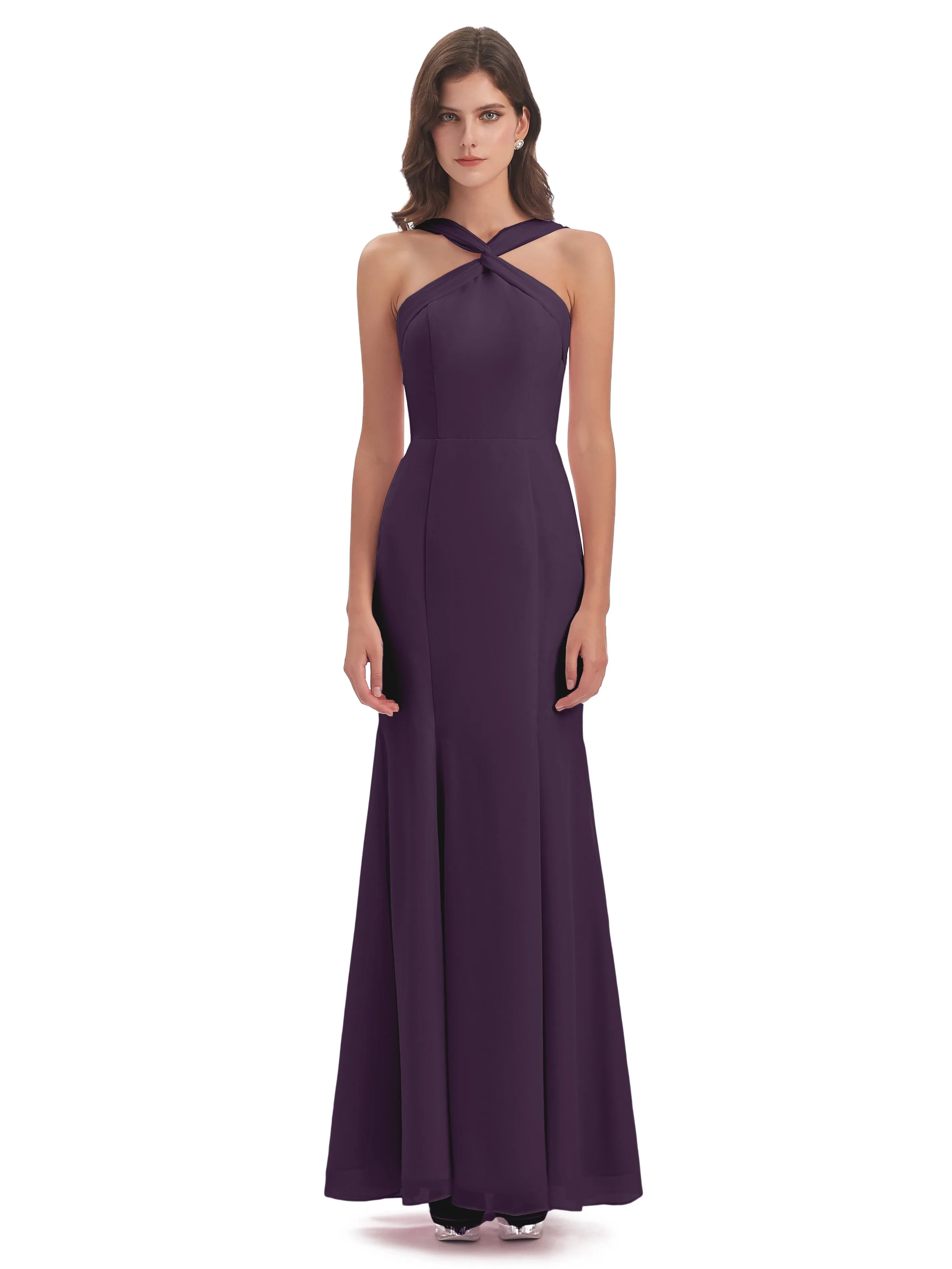 Evie Unique Trumpet-Hourglass Halter Split Long Bridesmaid Dresses