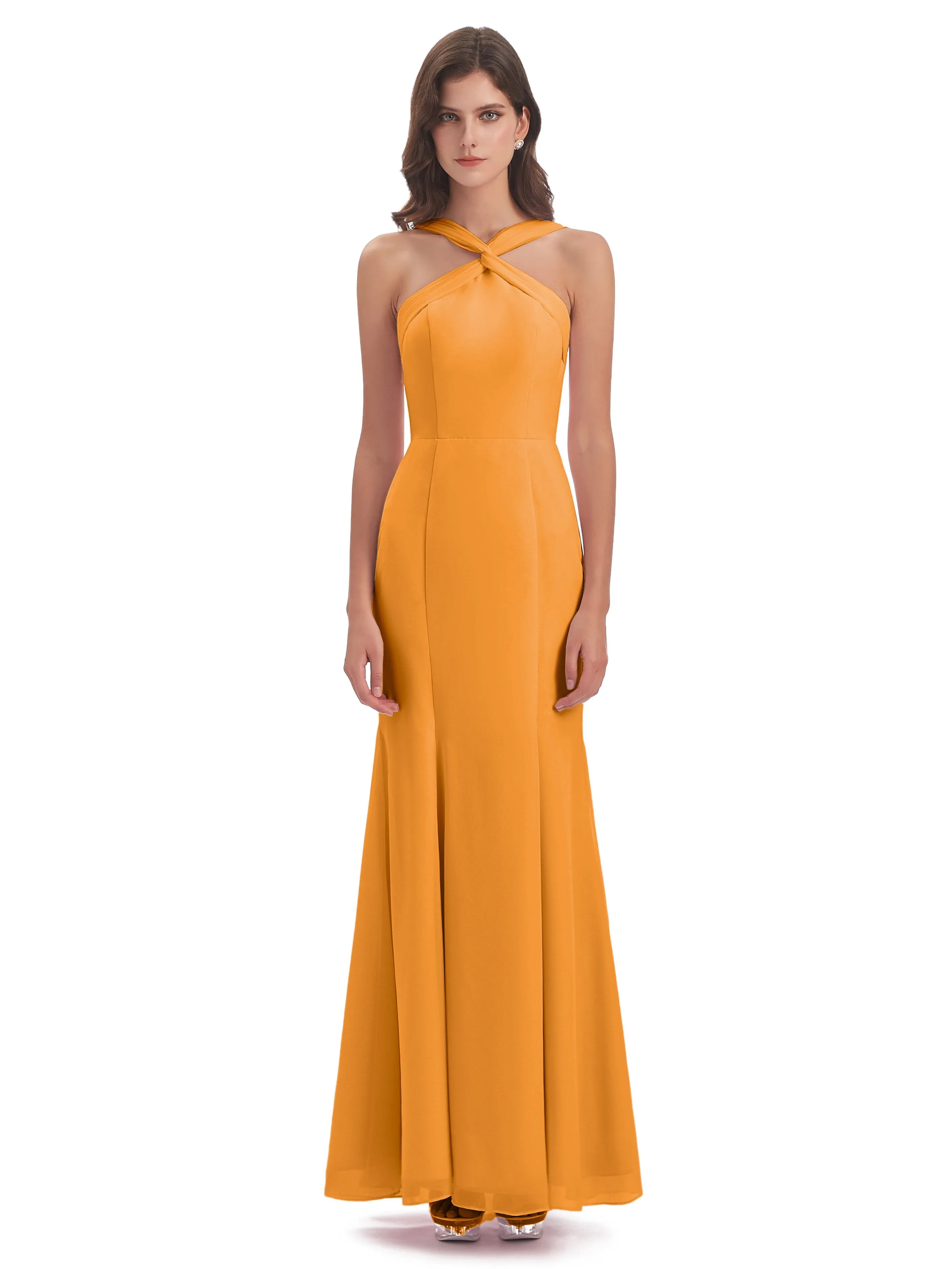 Evie Unique Trumpet-Hourglass Halter Split Long Bridesmaid Dresses