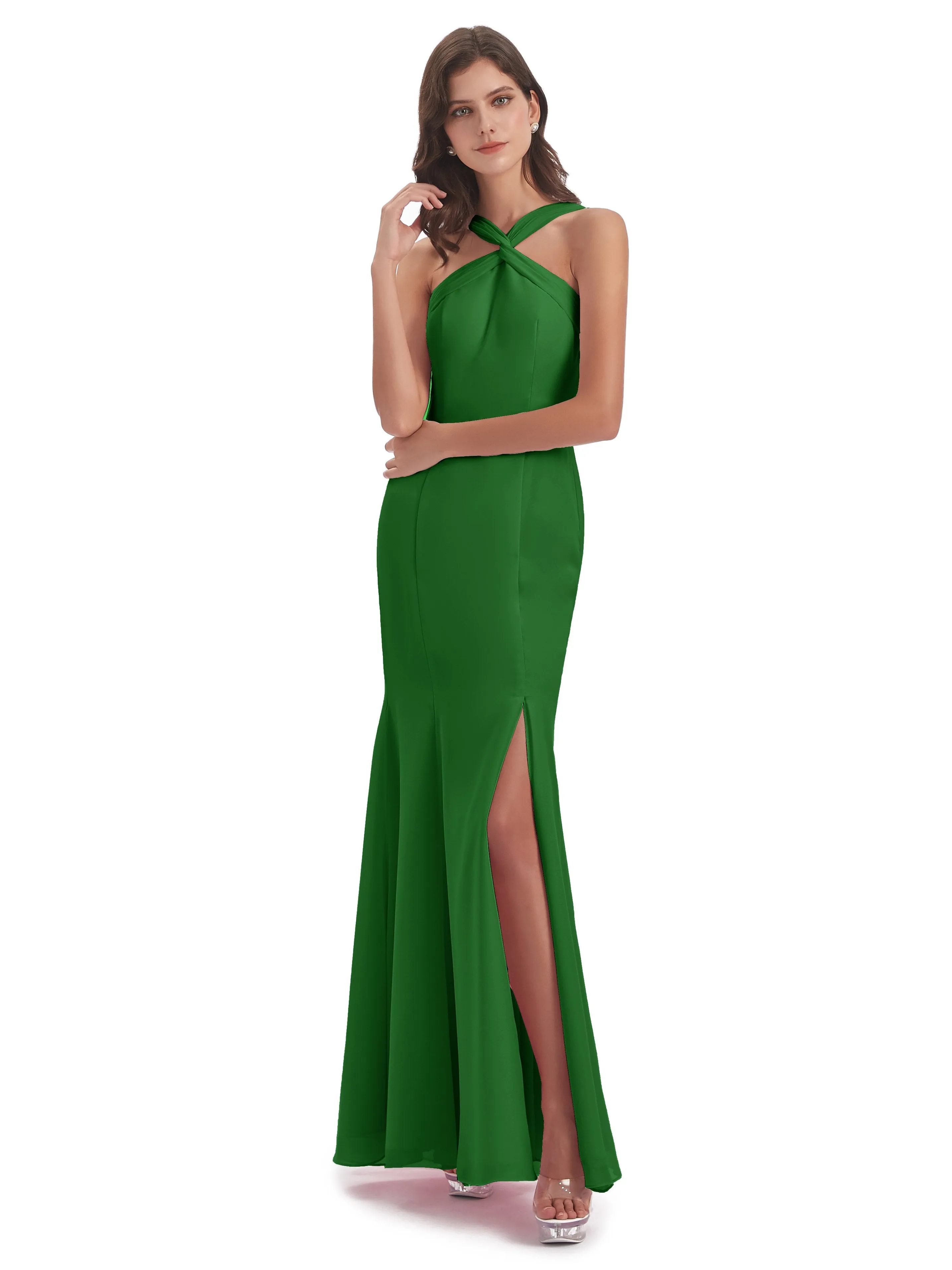 Evie Unique Trumpet-Hourglass Halter Split Long Bridesmaid Dresses