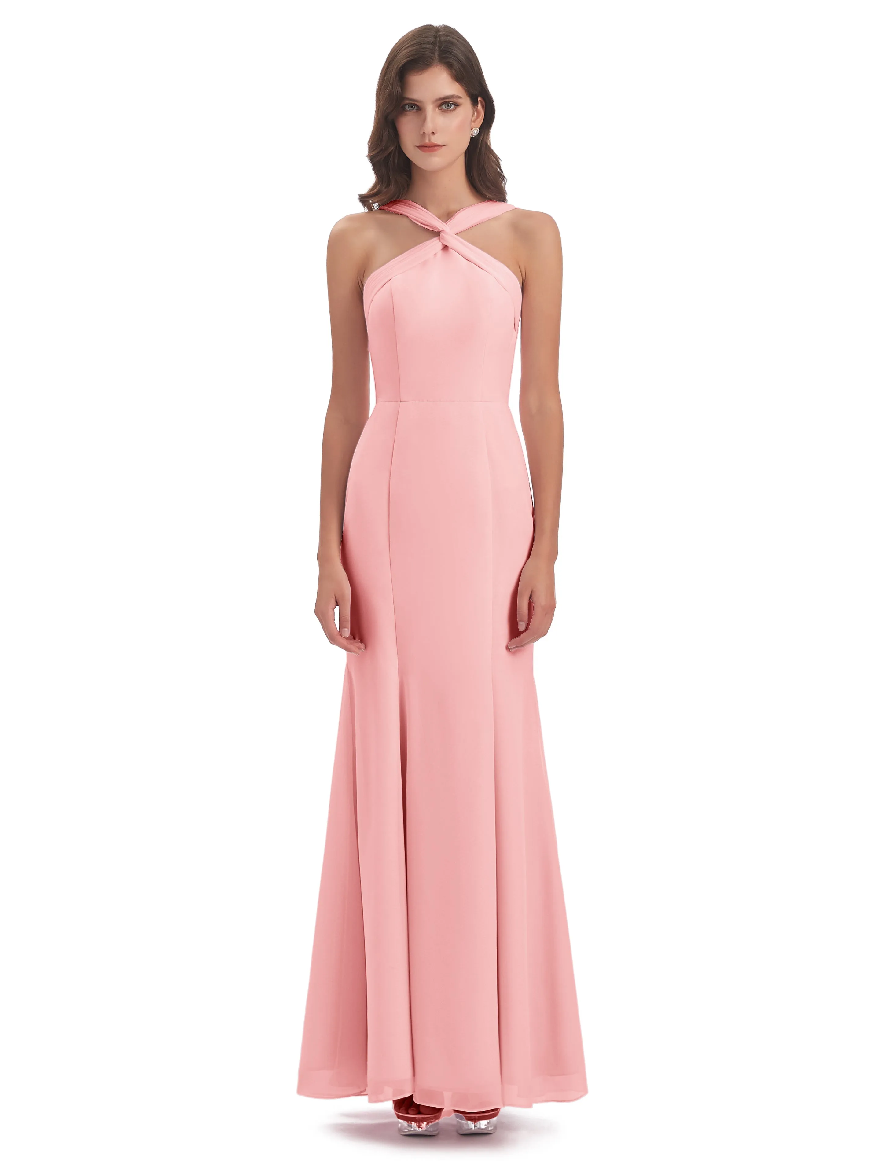 Evie Unique Trumpet-Hourglass Halter Split Long Bridesmaid Dresses