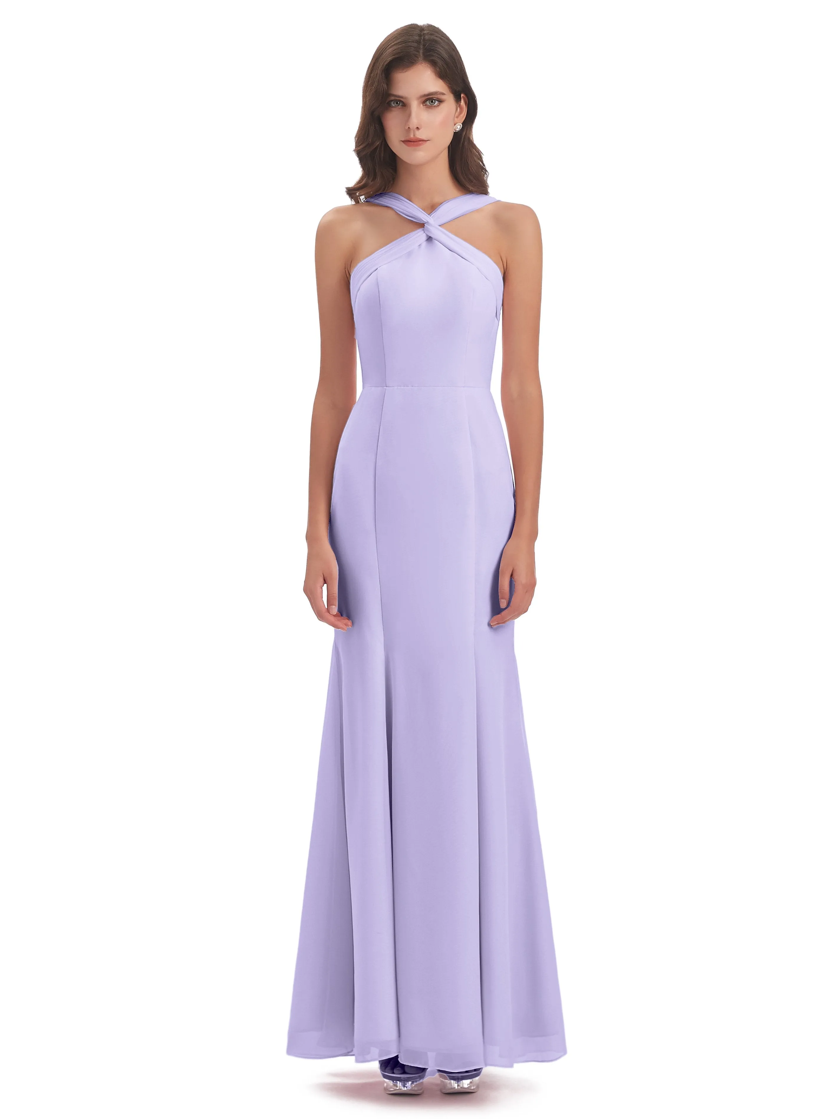 Evie Unique Trumpet-Hourglass Halter Split Long Bridesmaid Dresses