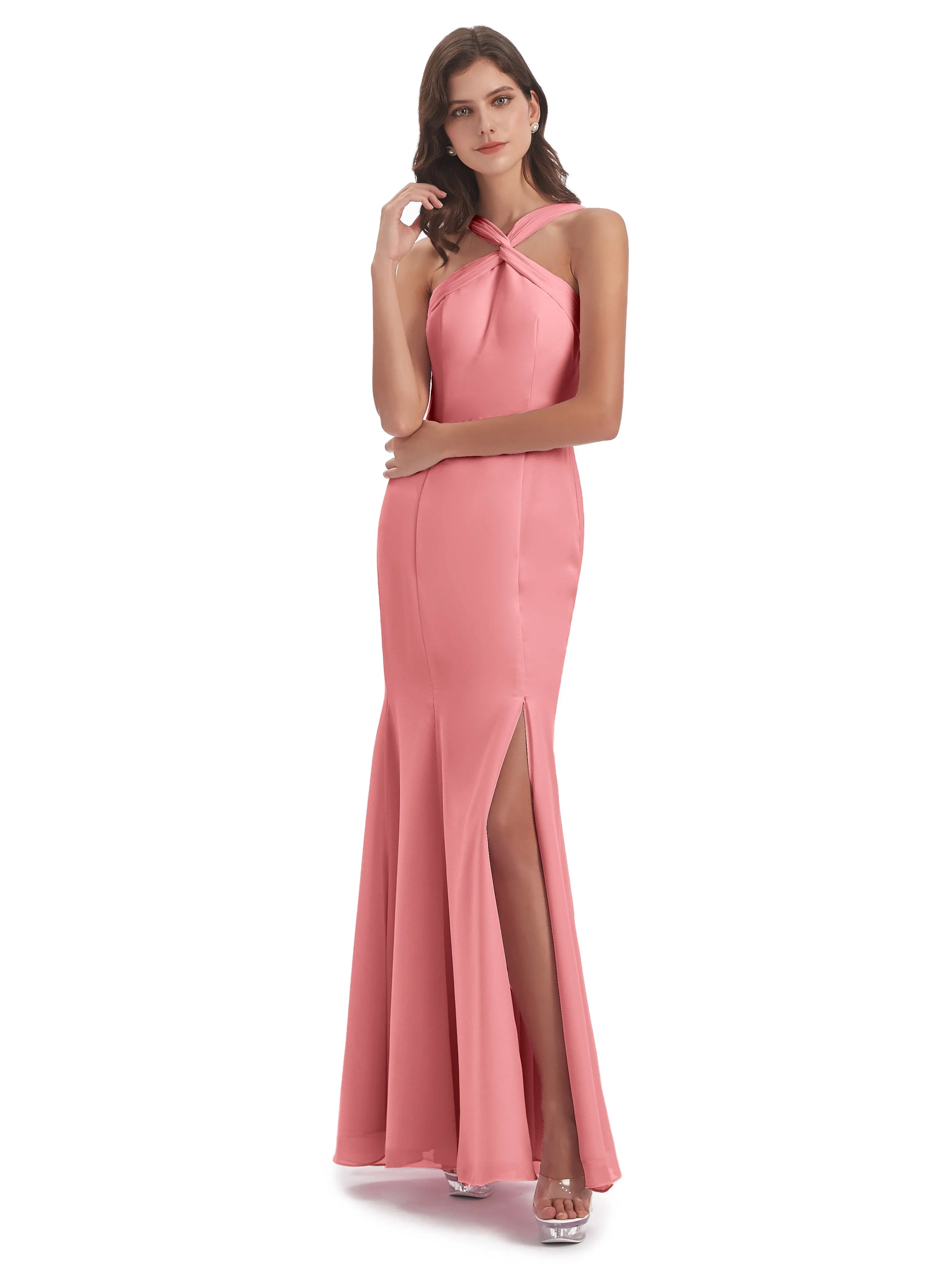 Evie Unique Trumpet-Hourglass Halter Split Long Bridesmaid Dresses