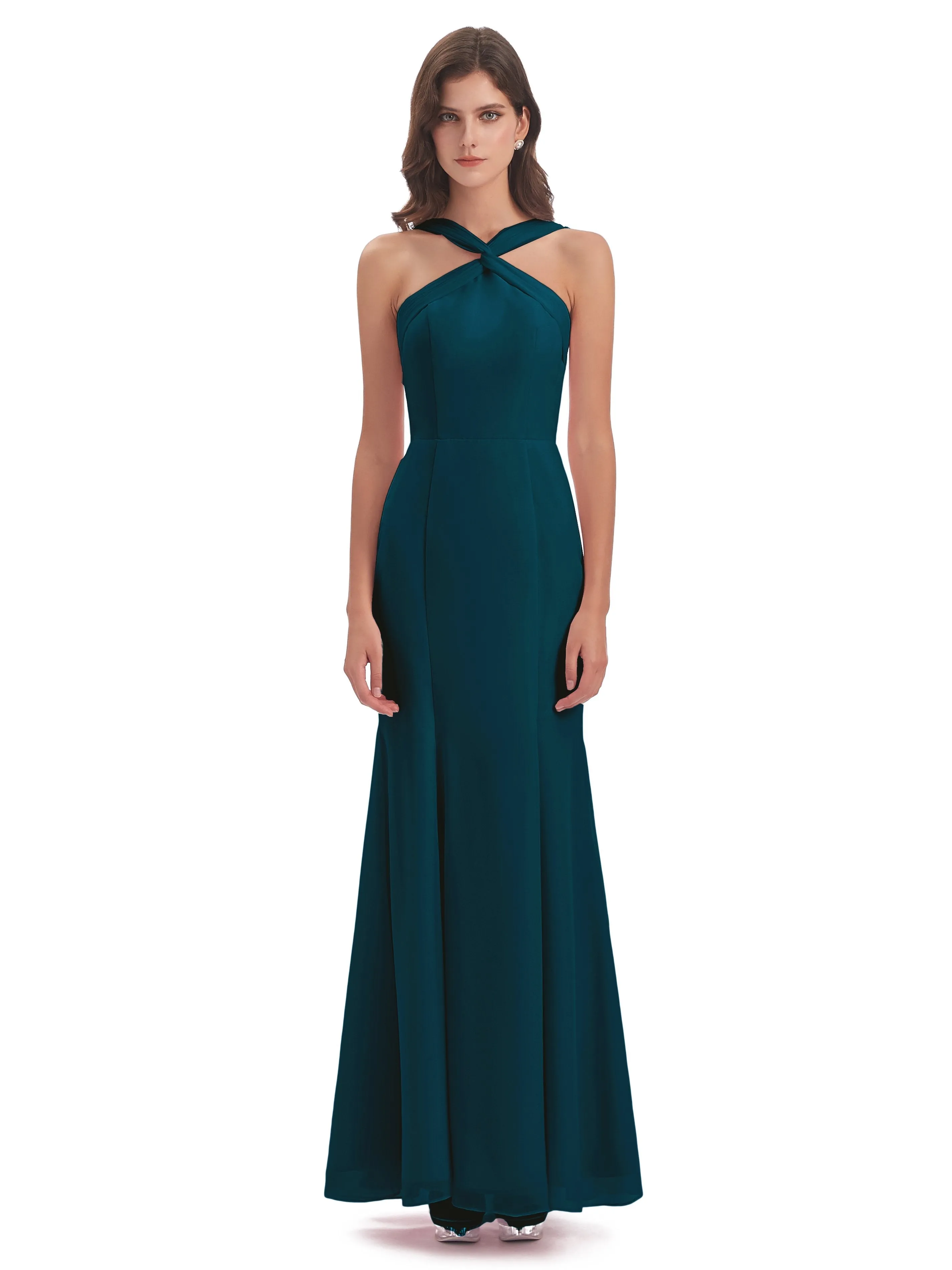 Evie Unique Trumpet-Hourglass Halter Split Long Bridesmaid Dresses