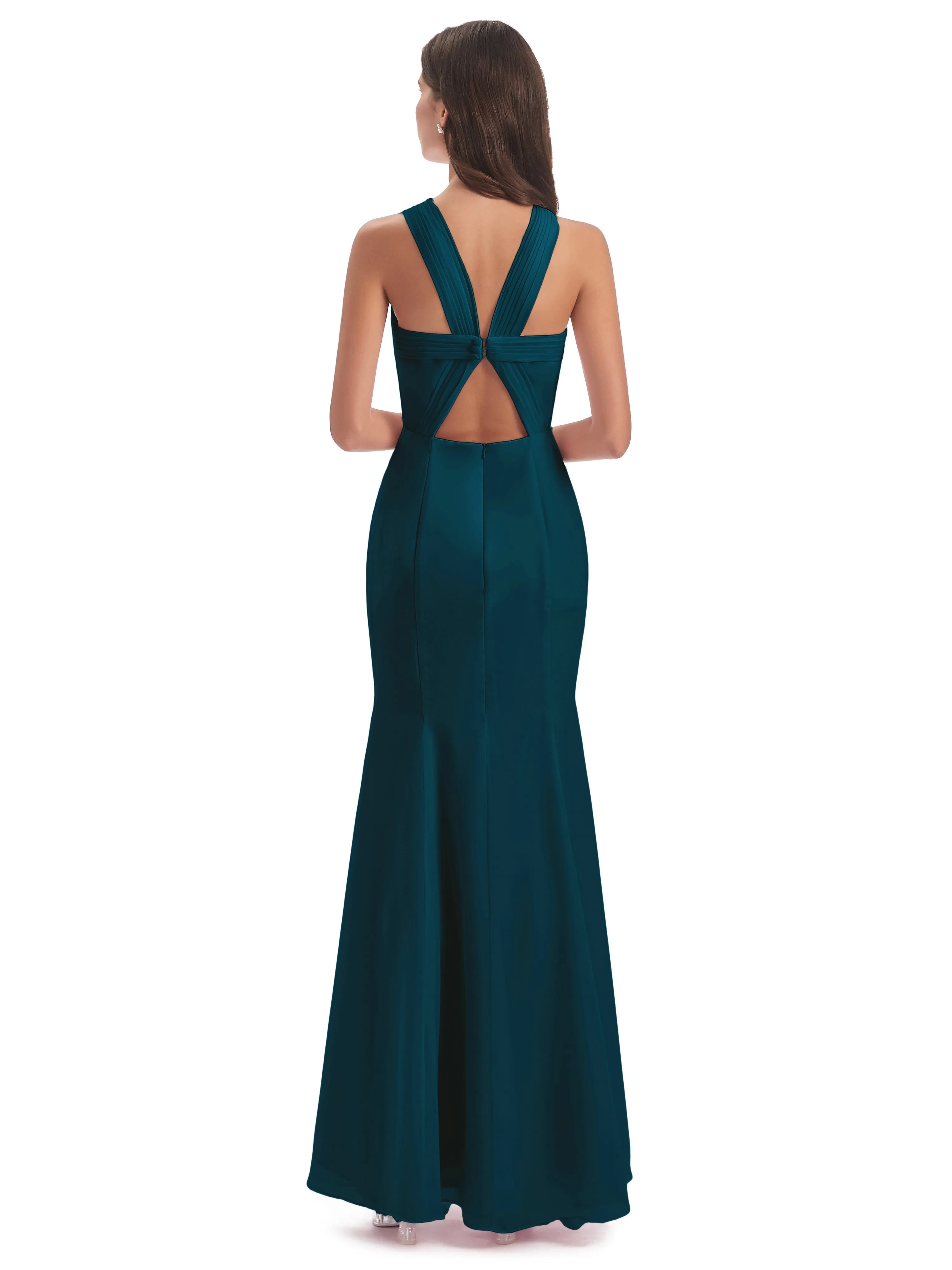 Evie Unique Trumpet-Hourglass Halter Split Long Bridesmaid Dresses