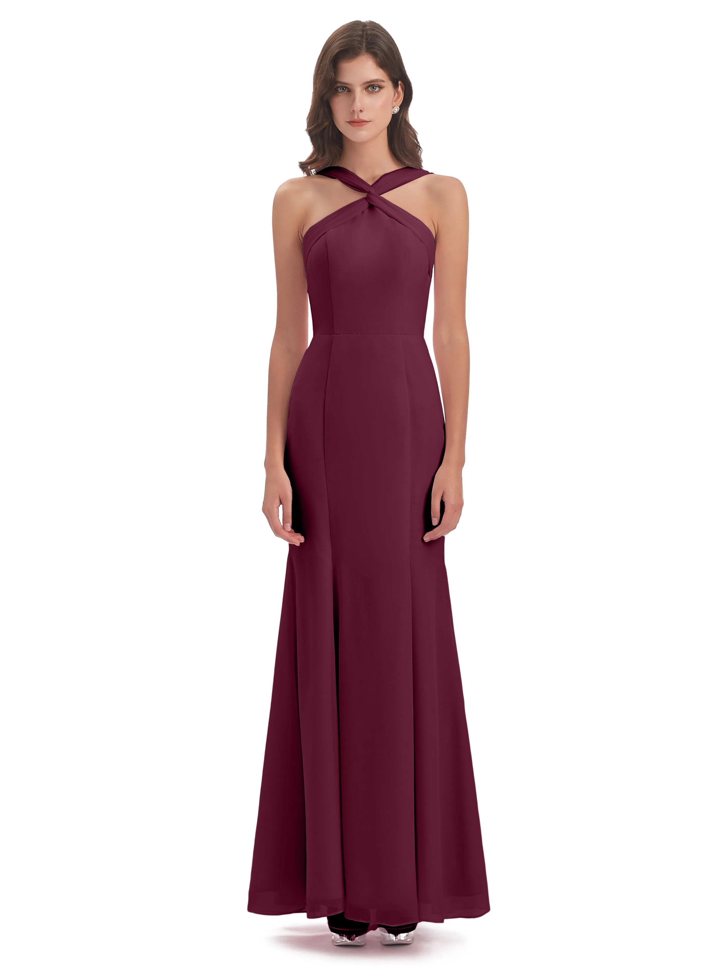 Evie Unique Trumpet-Hourglass Halter Split Long Bridesmaid Dresses