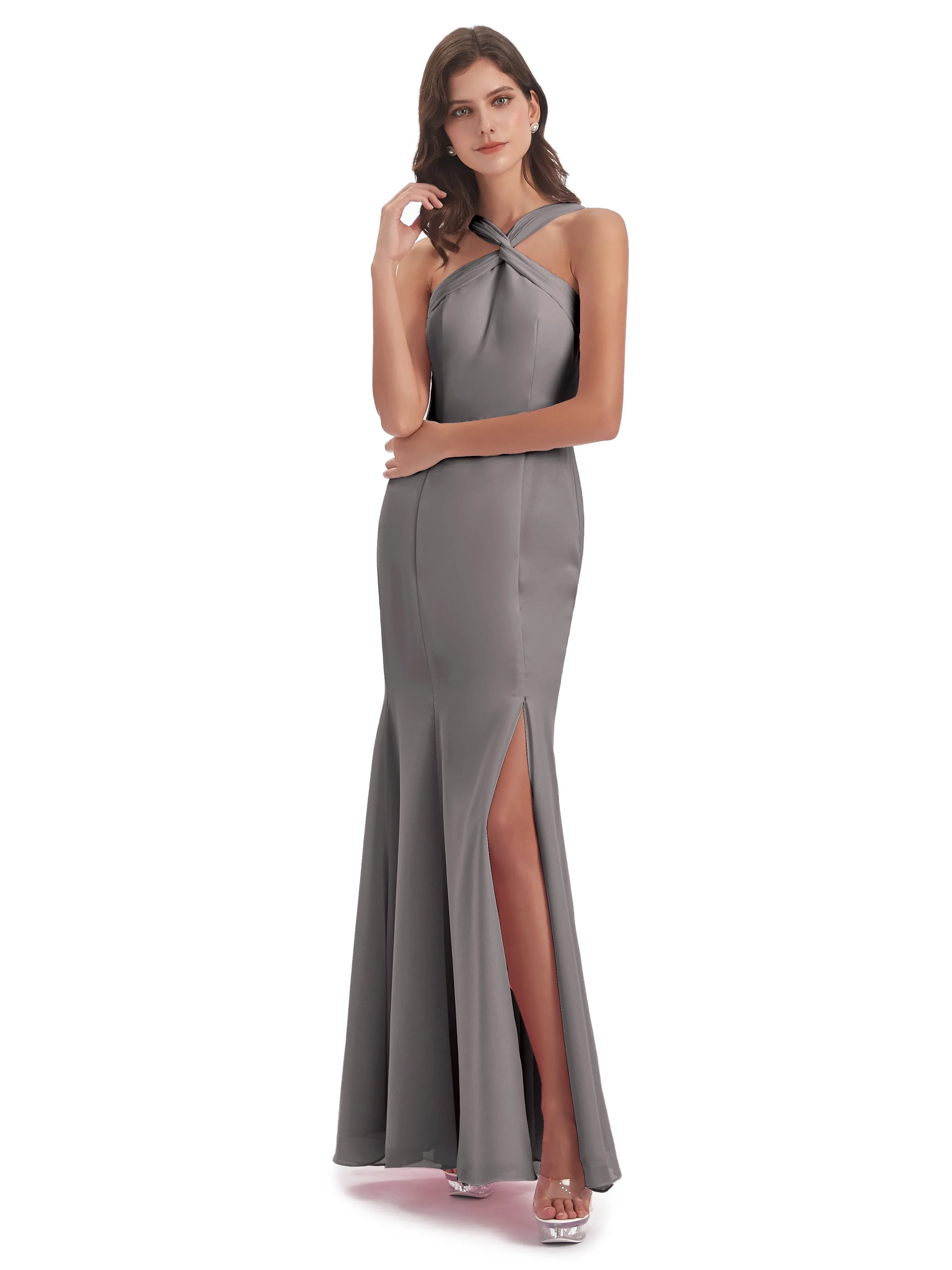 Evie Unique Trumpet-Hourglass Halter Split Long Bridesmaid Dresses