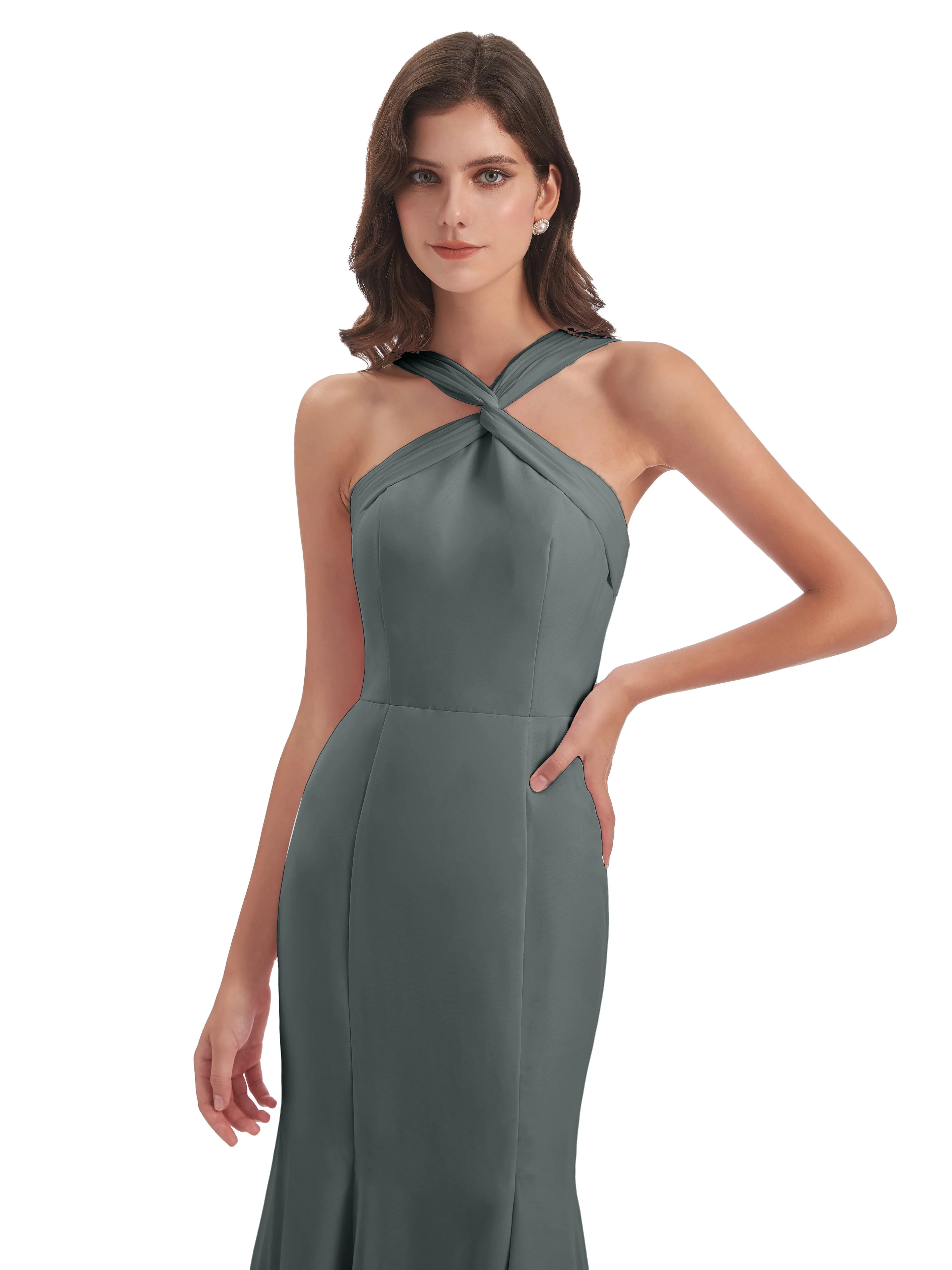 Evie Unique Trumpet-Hourglass Halter Split Long Bridesmaid Dresses