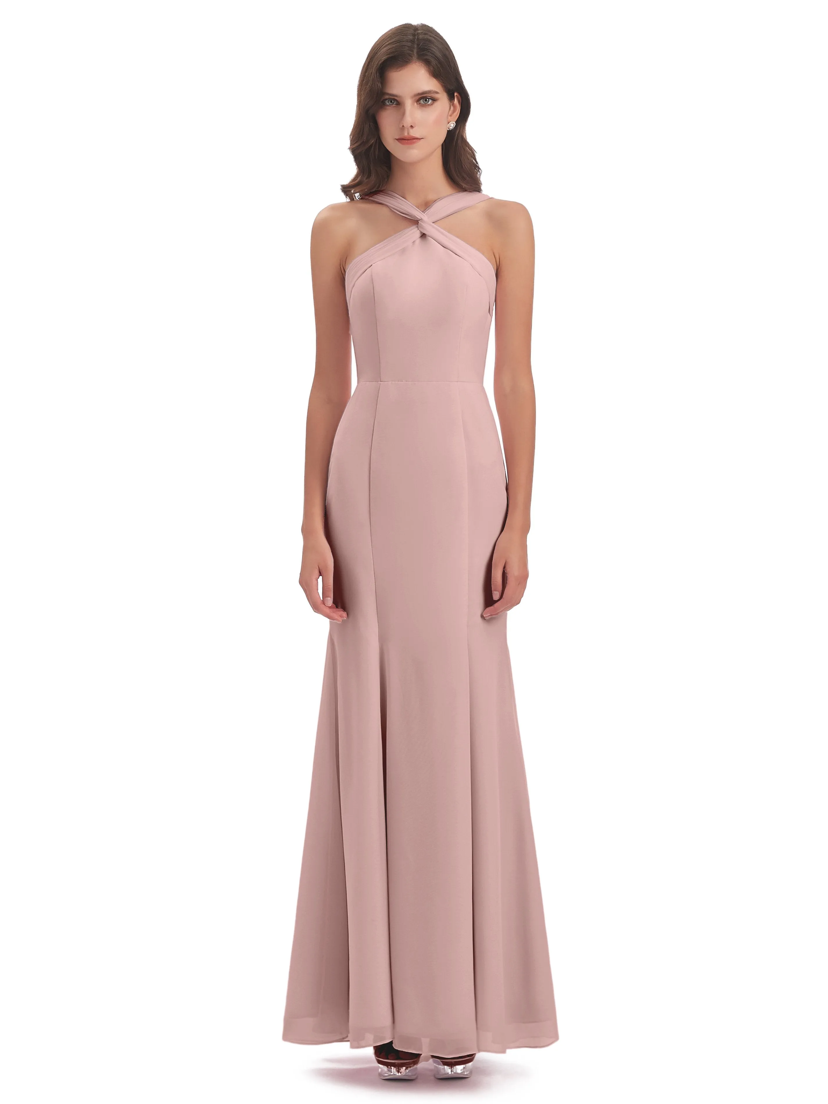 Evie Unique Trumpet-Hourglass Halter Split Long Bridesmaid Dresses