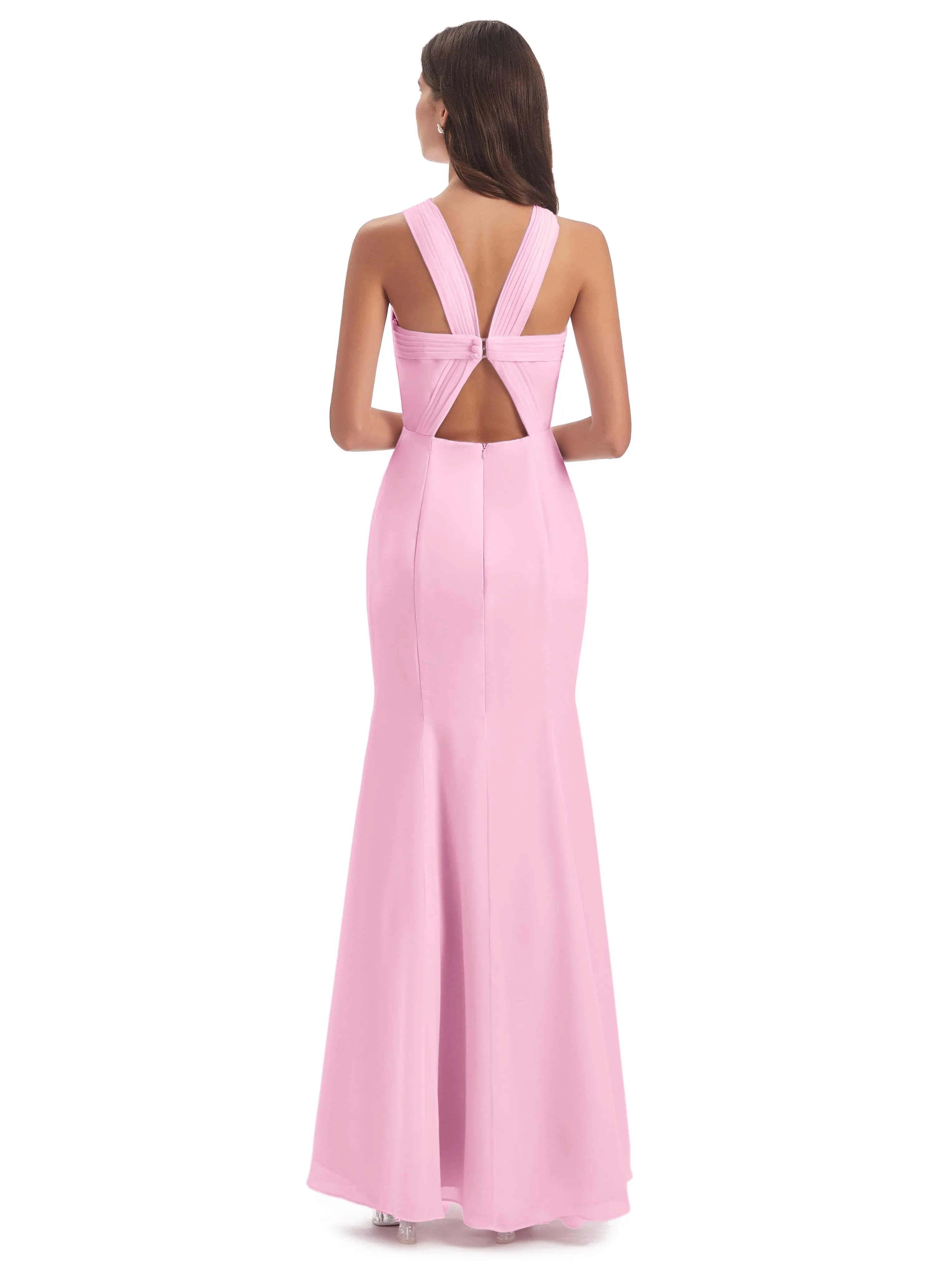 Evie Unique Trumpet-Hourglass Halter Split Long Bridesmaid Dresses