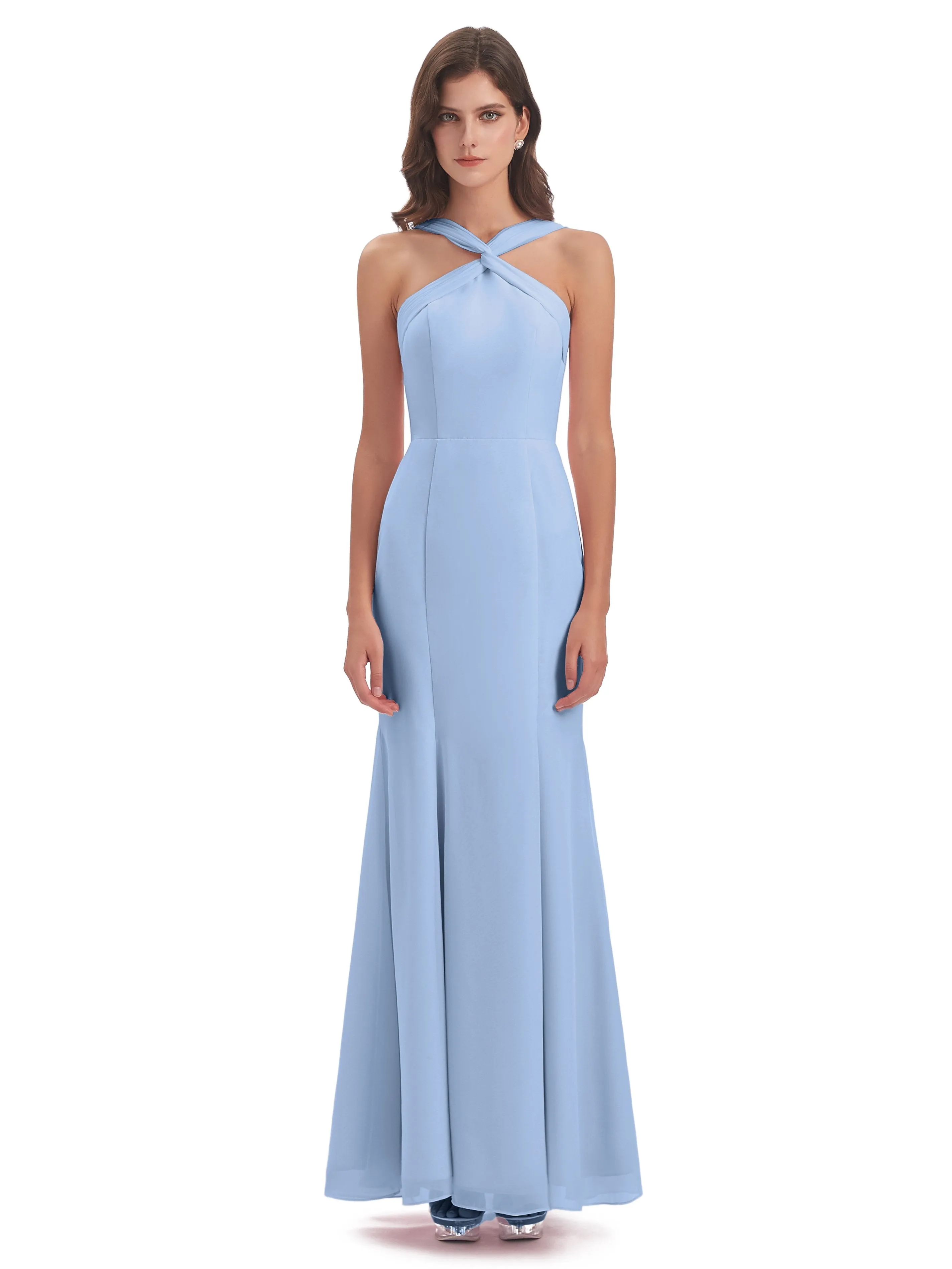 Evie Unique Trumpet-Hourglass Halter Split Long Bridesmaid Dresses