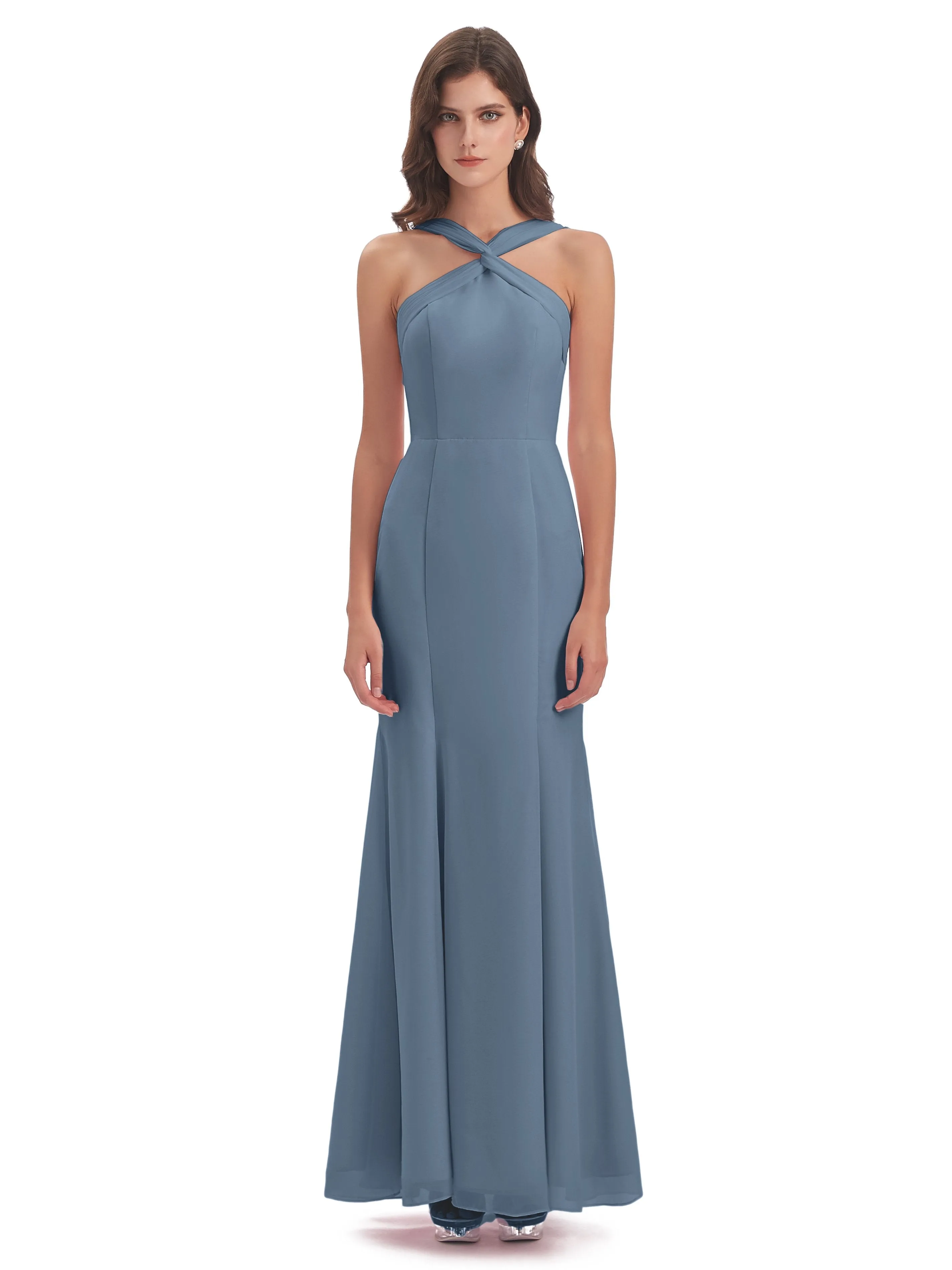 Evie Unique Trumpet-Hourglass Halter Split Long Bridesmaid Dresses