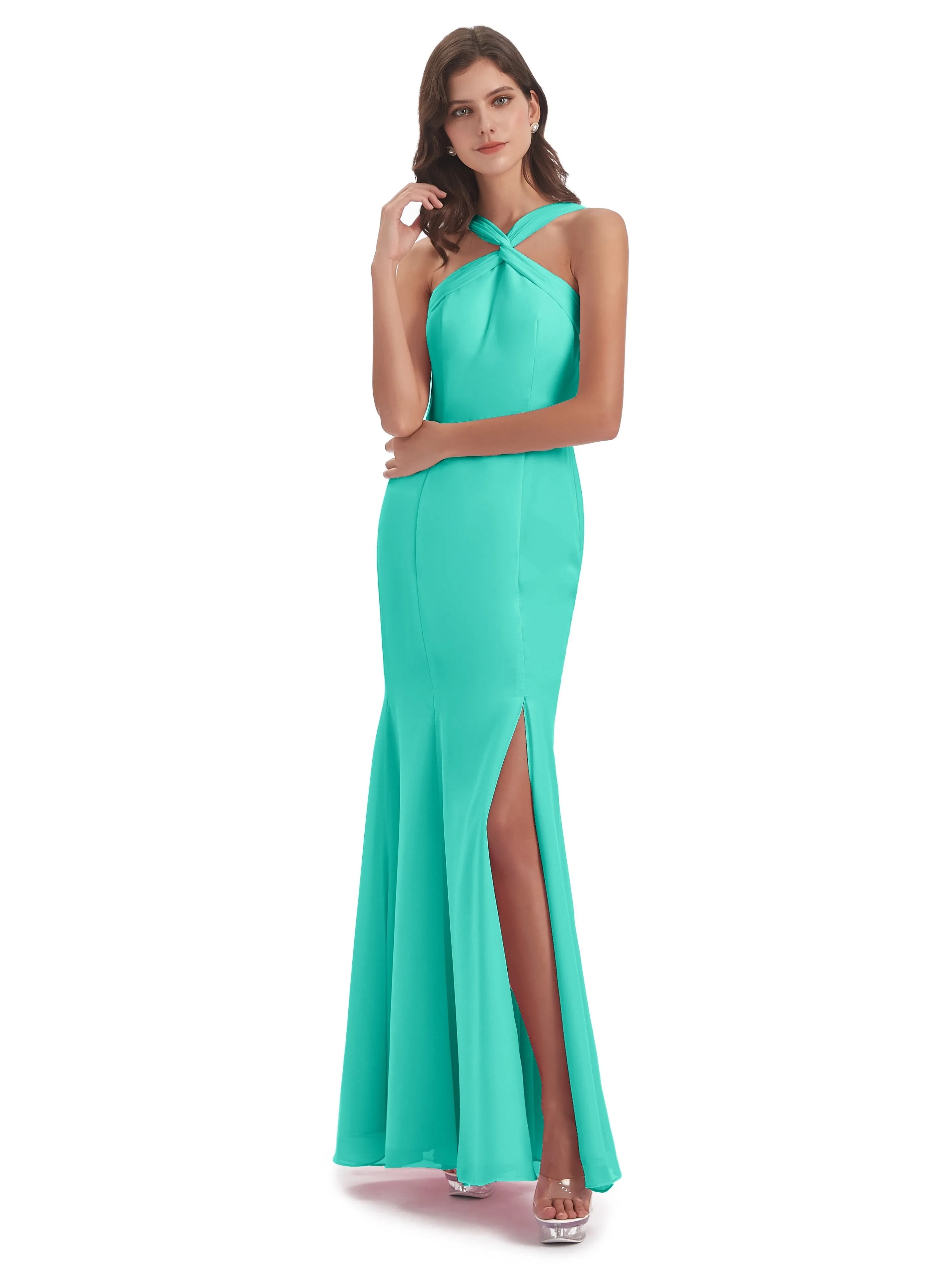 Evie Unique Trumpet-Hourglass Halter Split Long Bridesmaid Dresses