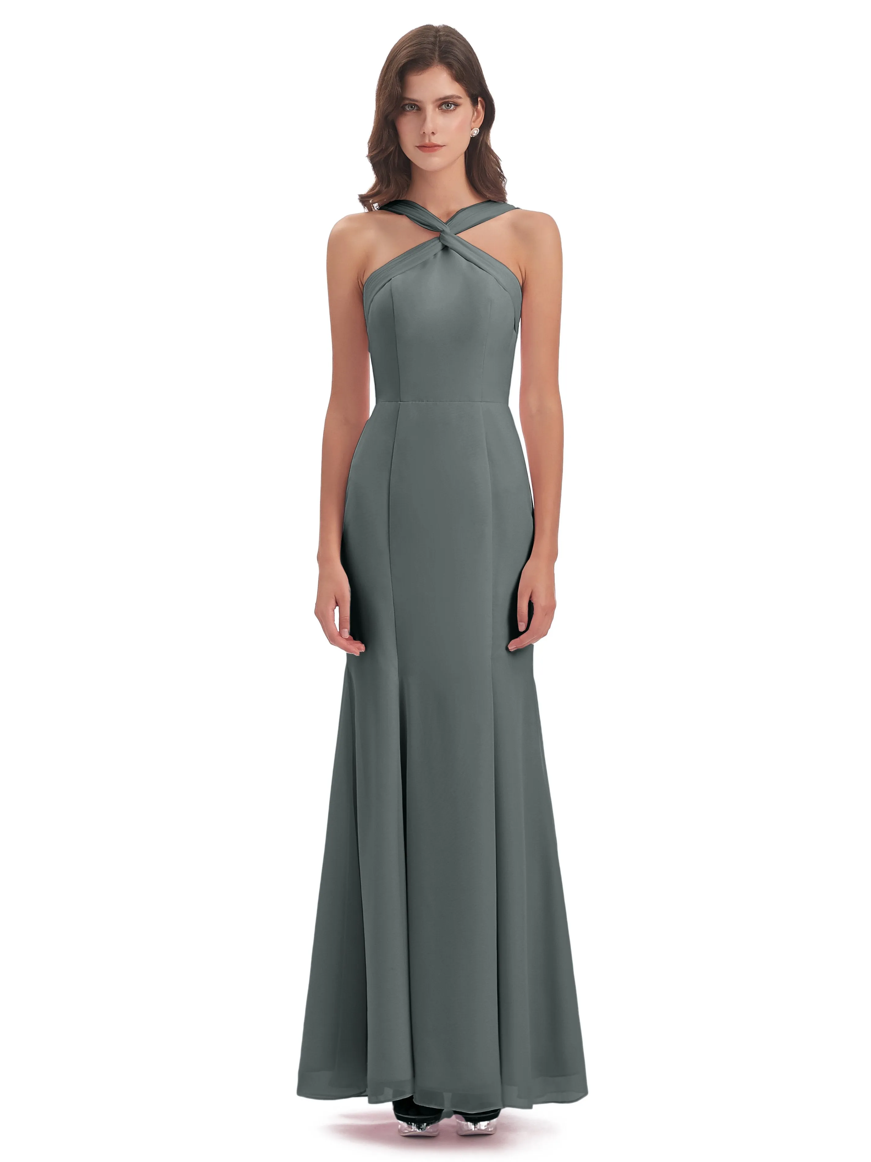 Evie Unique Trumpet-Hourglass Halter Split Long Bridesmaid Dresses