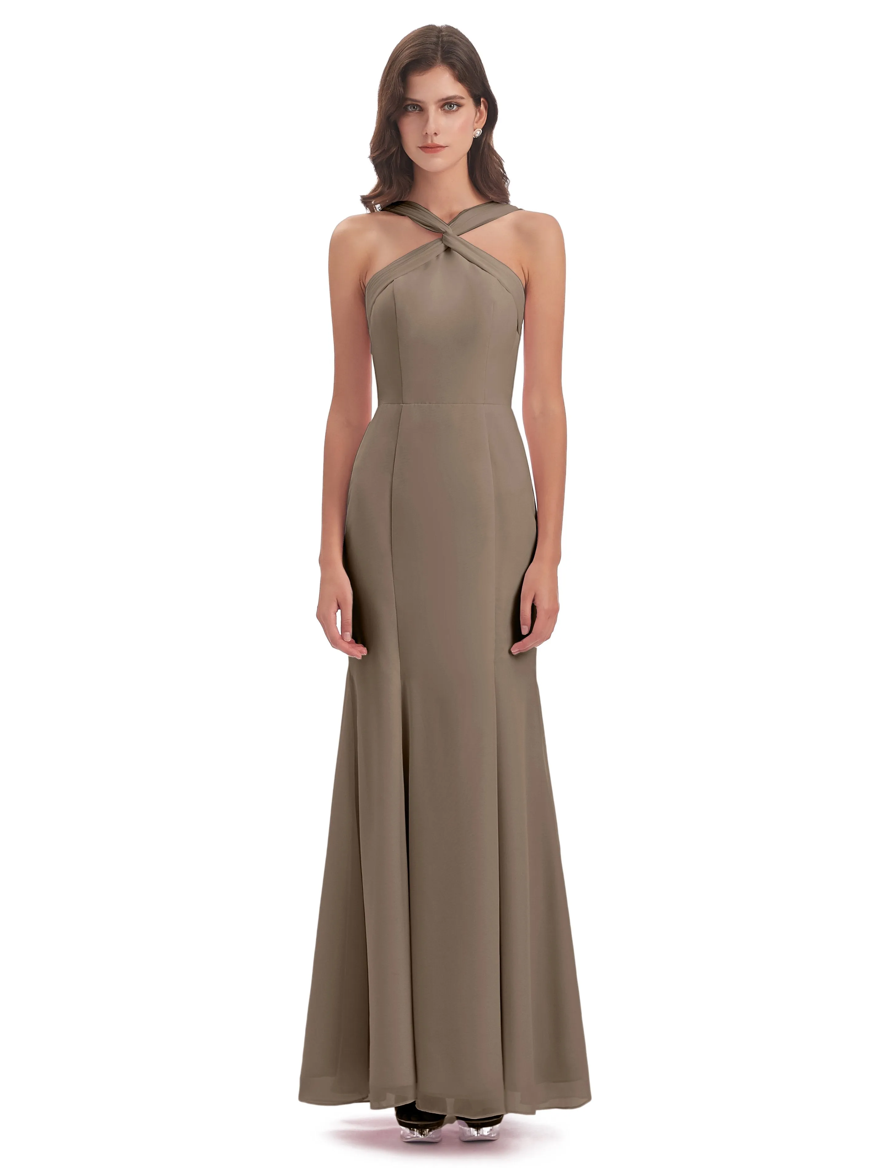 Evie Unique Trumpet-Hourglass Halter Split Long Bridesmaid Dresses