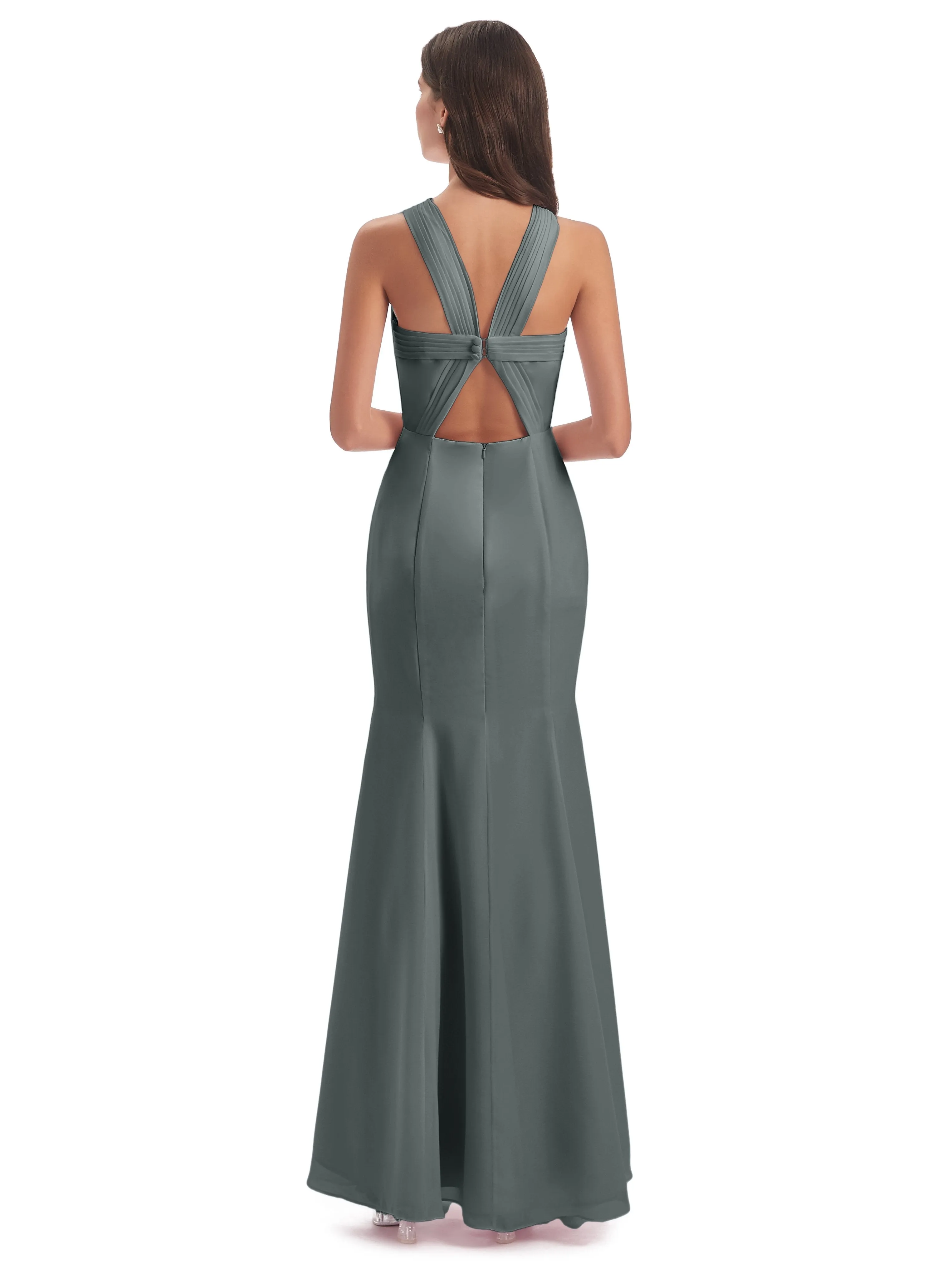 Evie Unique Trumpet-Hourglass Halter Split Long Bridesmaid Dresses