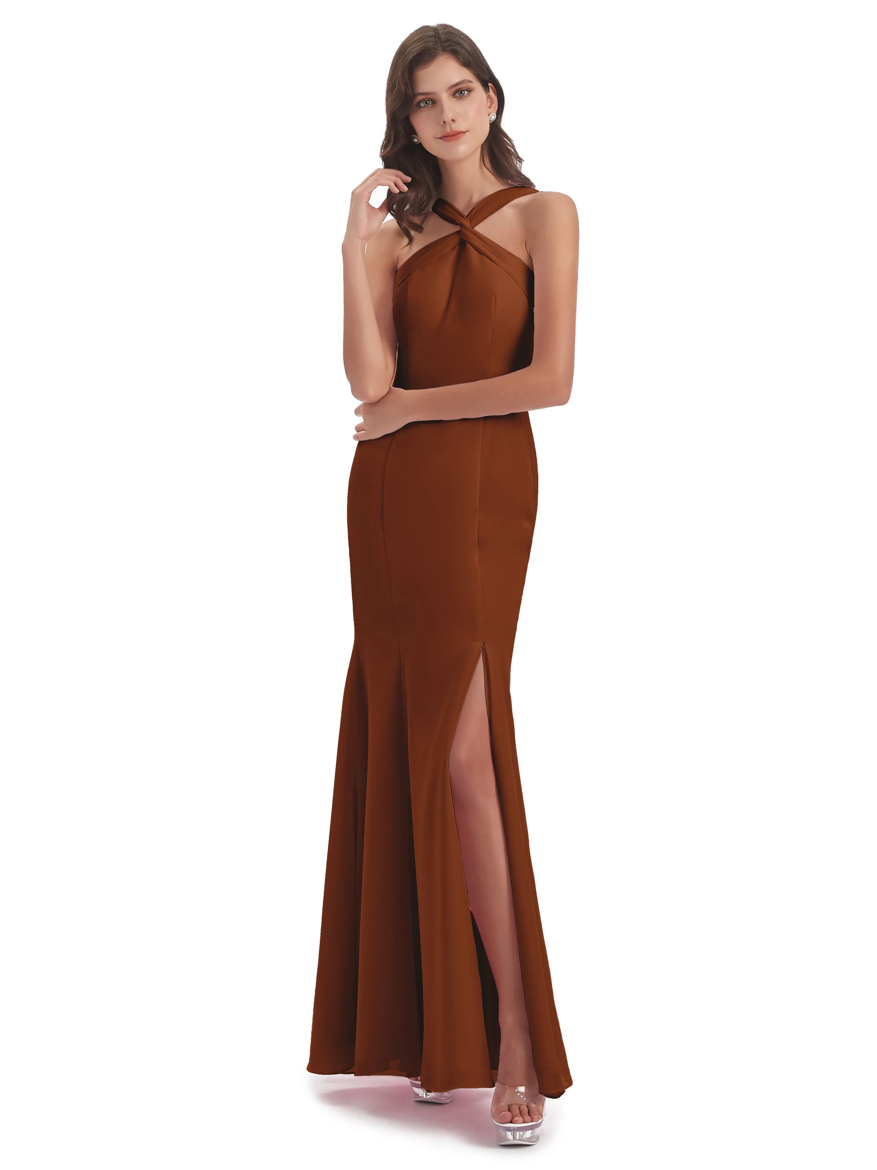 Evie Unique Trumpet-Hourglass Halter Split Long Bridesmaid Dresses