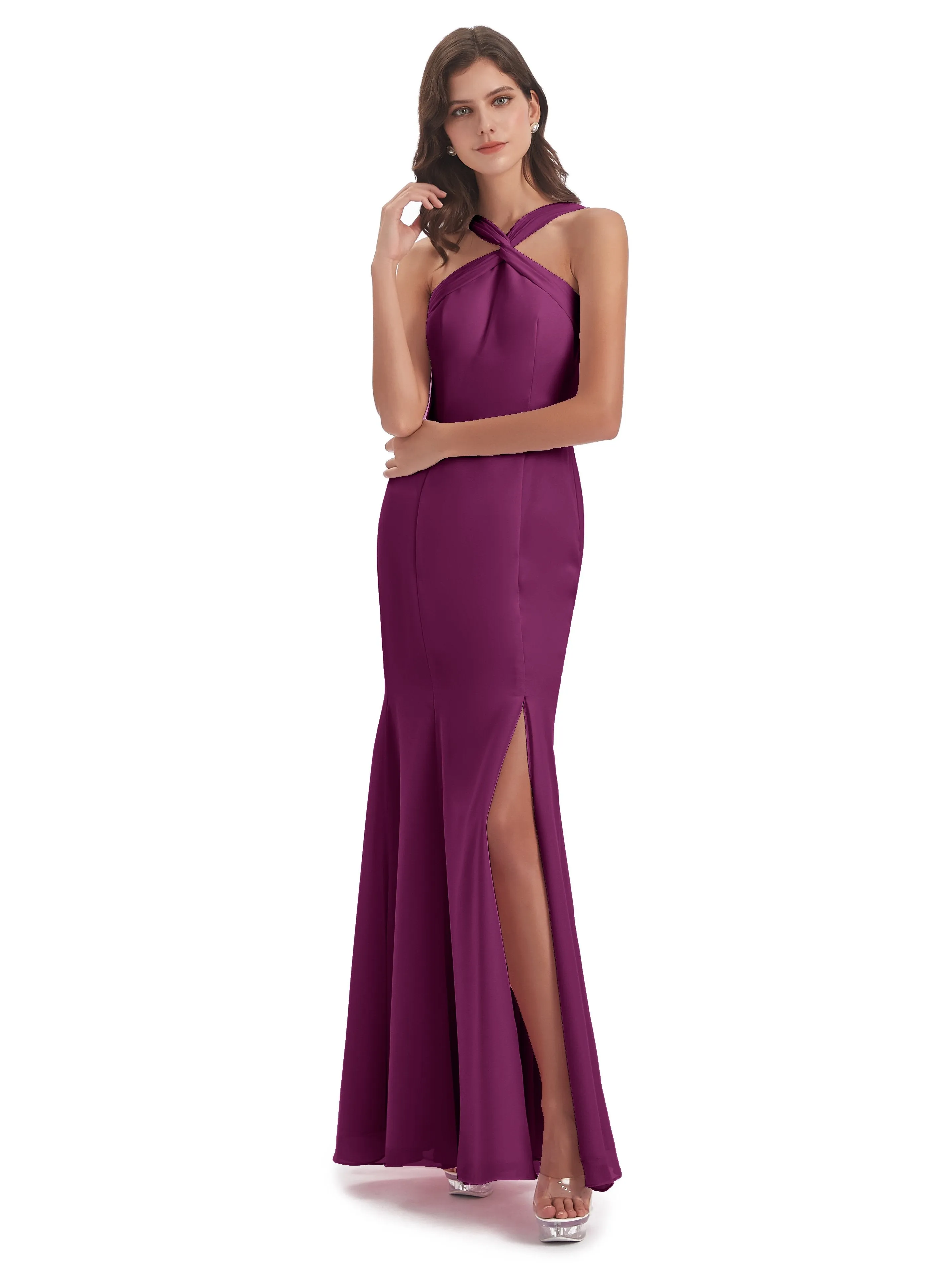 Evie Unique Trumpet-Hourglass Halter Split Long Bridesmaid Dresses