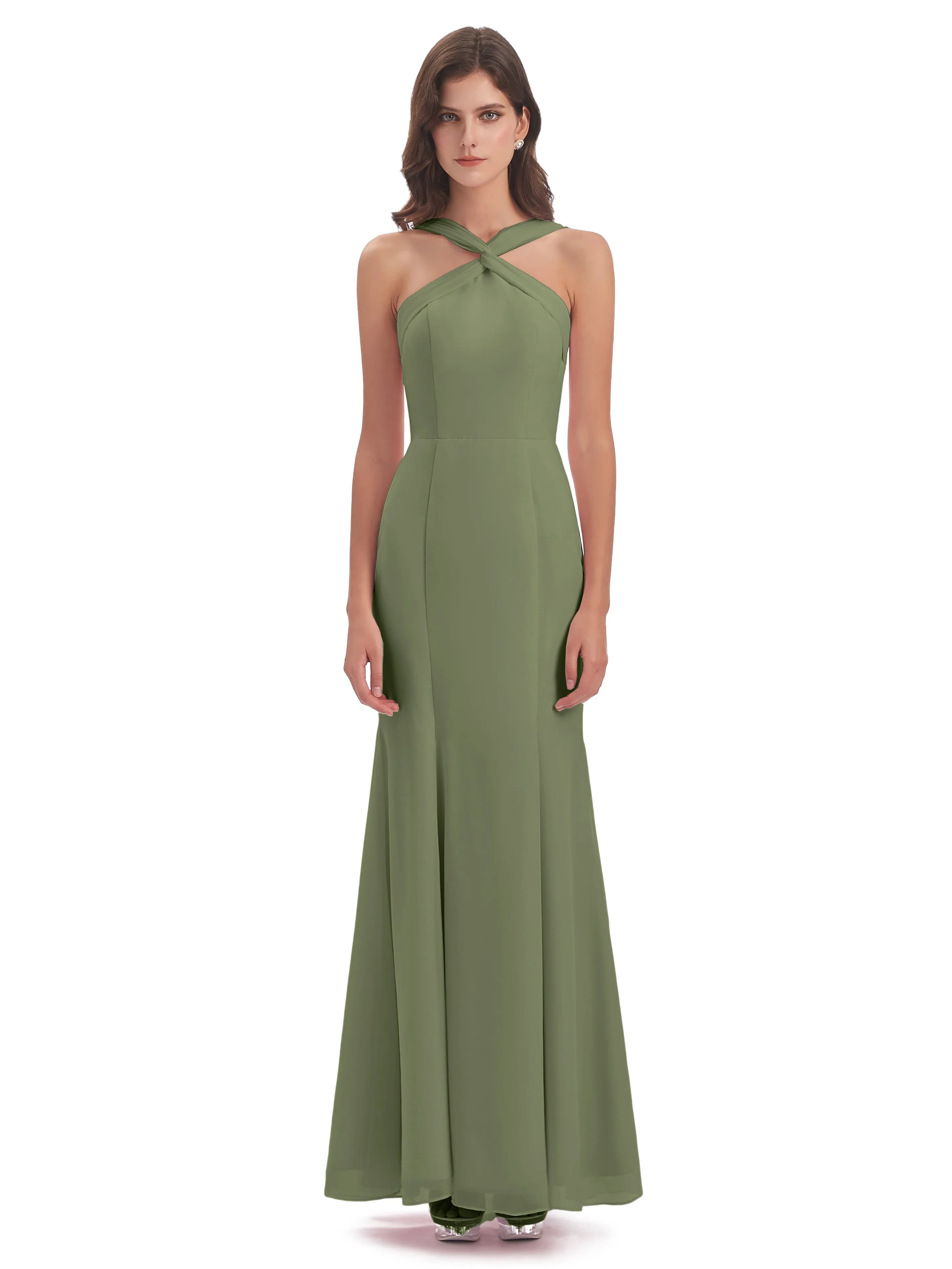 Evie Unique Trumpet-Hourglass Halter Split Long Bridesmaid Dresses