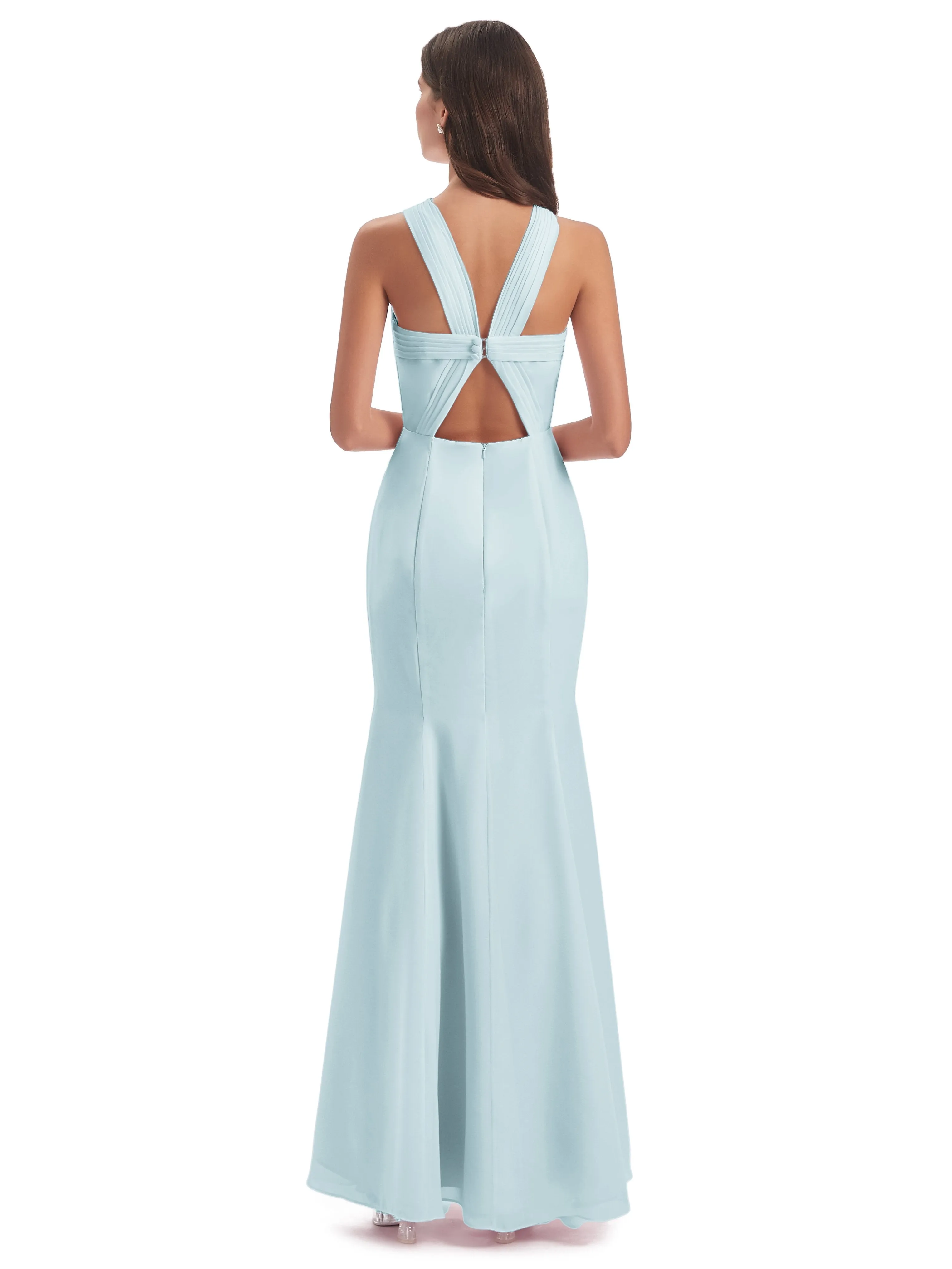 Evie Unique Trumpet-Hourglass Halter Split Long Bridesmaid Dresses