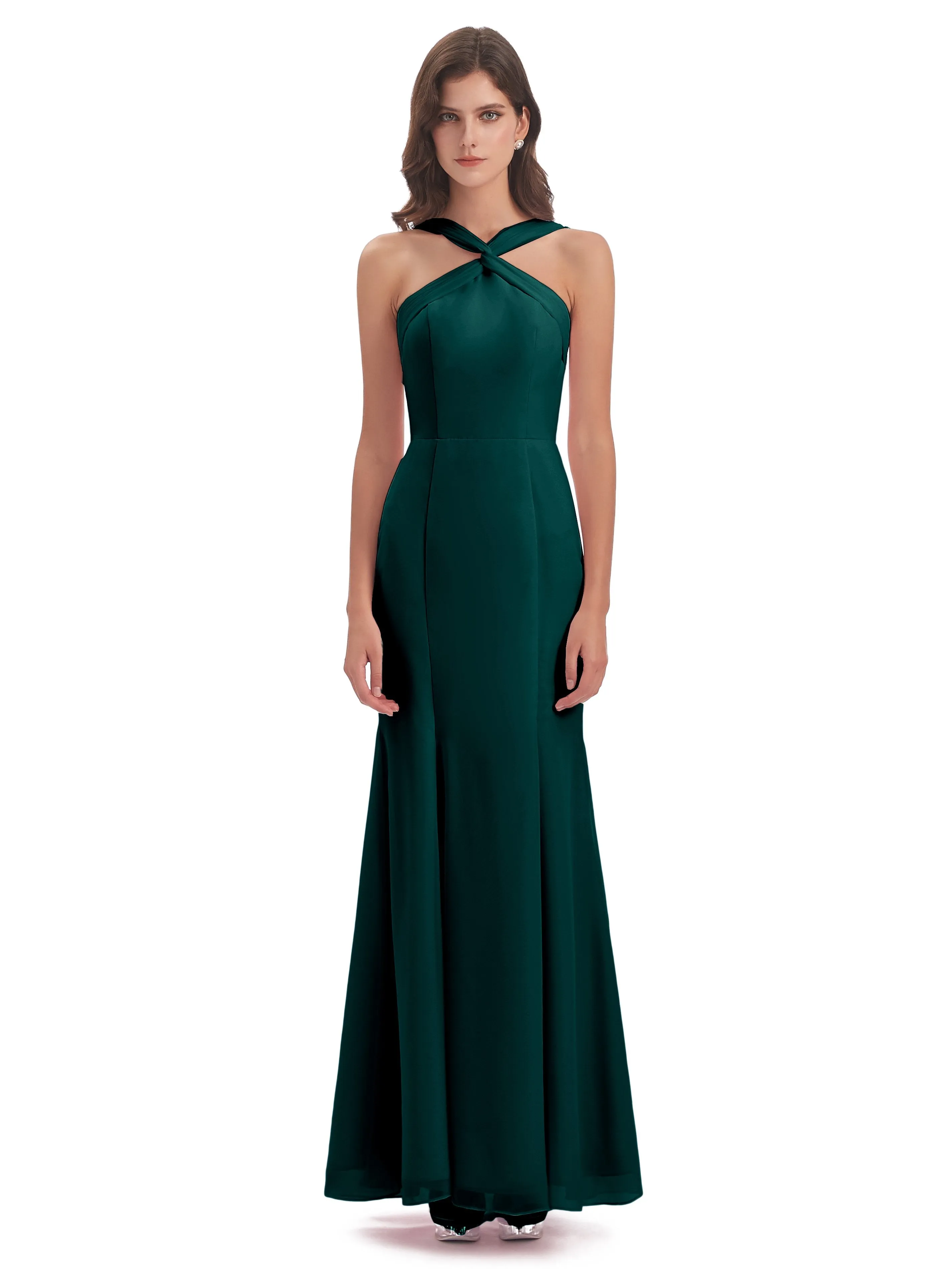 Evie Unique Trumpet-Hourglass Halter Split Long Bridesmaid Dresses