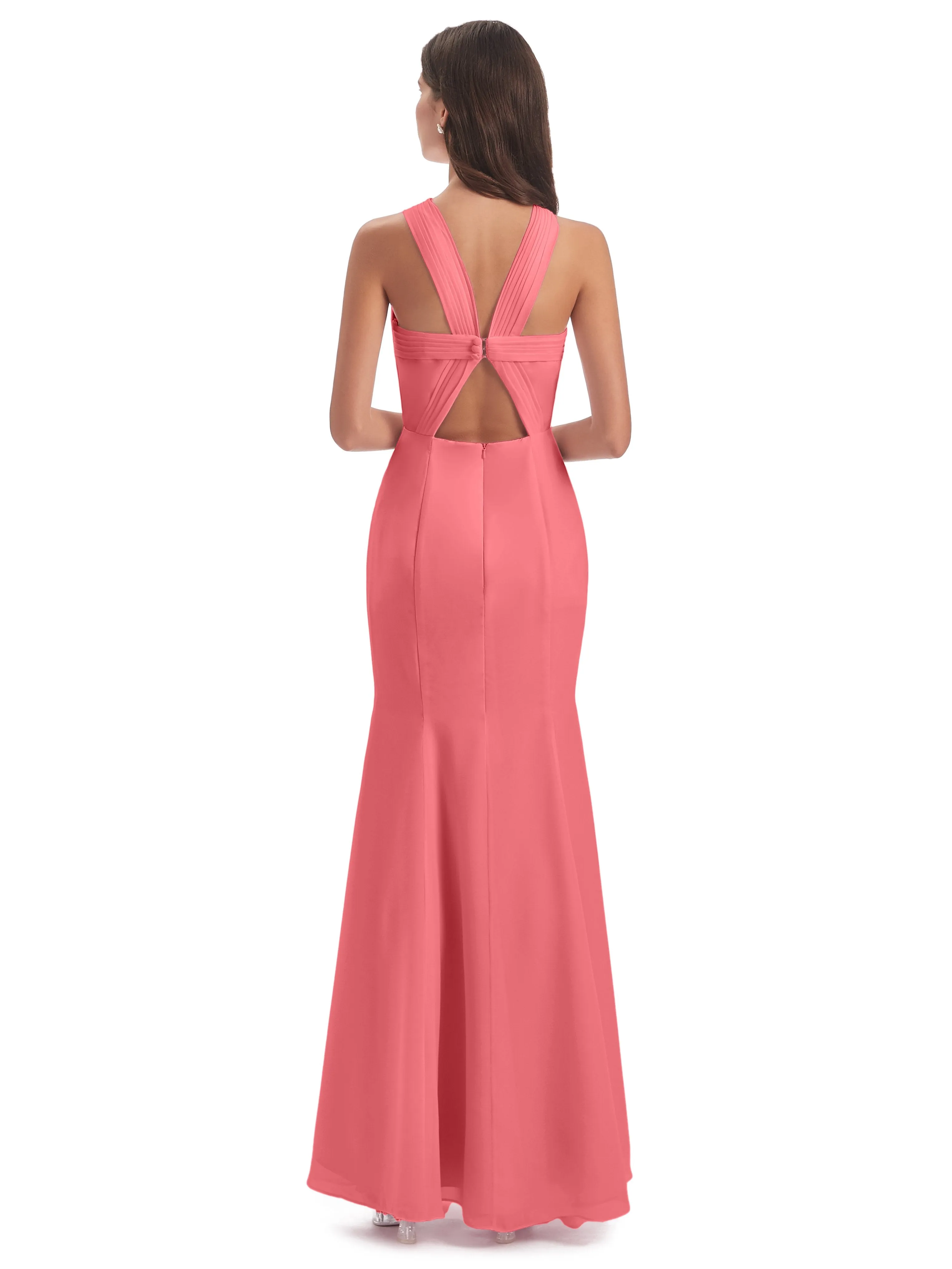 Evie Unique Trumpet-Hourglass Halter Split Long Bridesmaid Dresses