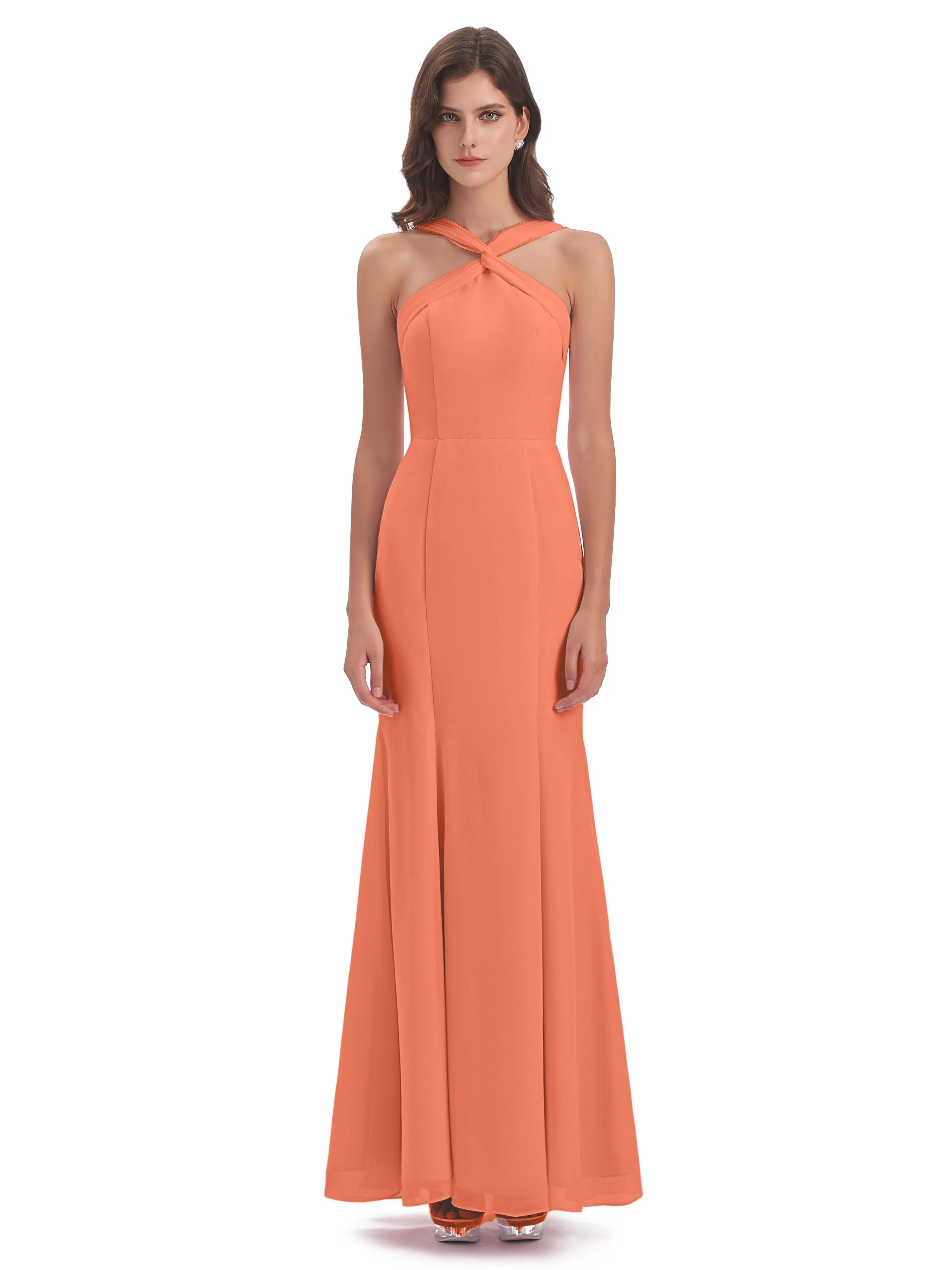 Evie Unique Trumpet-Hourglass Halter Split Long Bridesmaid Dresses