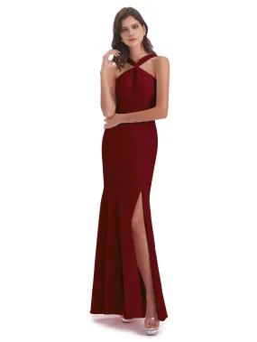 Evie Unique Trumpet-Hourglass Halter Split Long Bridesmaid Dresses