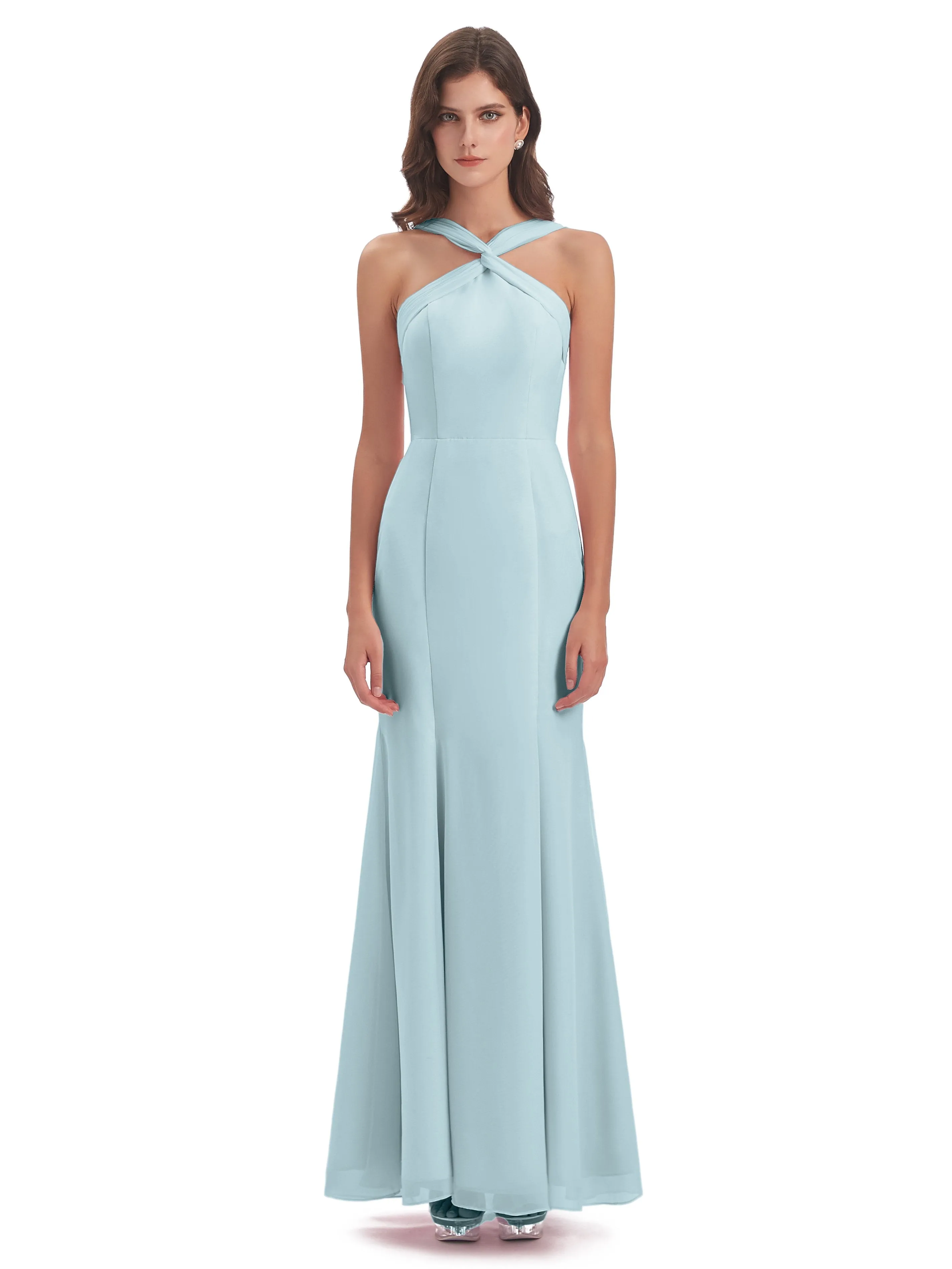 Evie Unique Trumpet-Hourglass Halter Split Long Bridesmaid Dresses