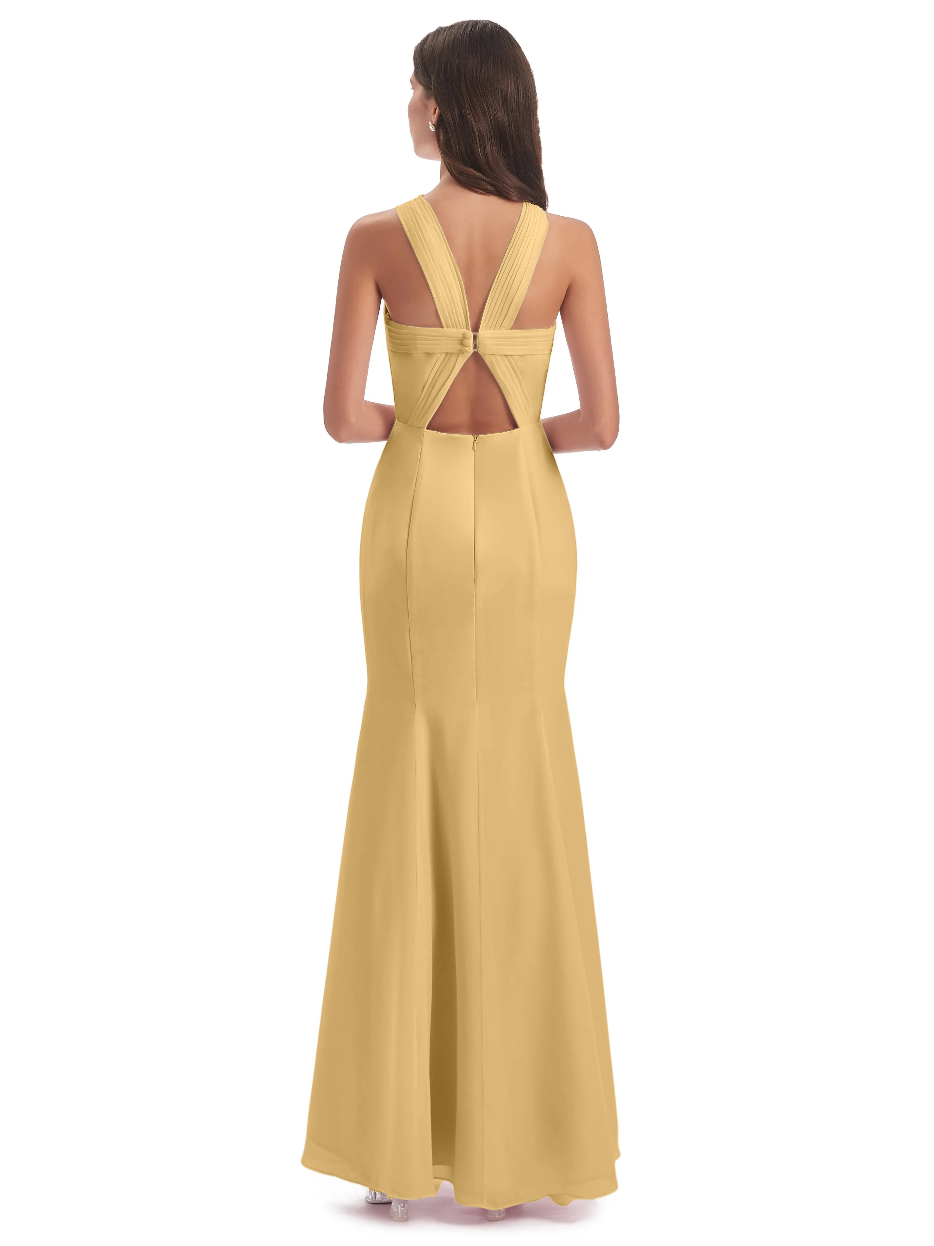 Evie Unique Trumpet-Hourglass Halter Split Long Bridesmaid Dresses