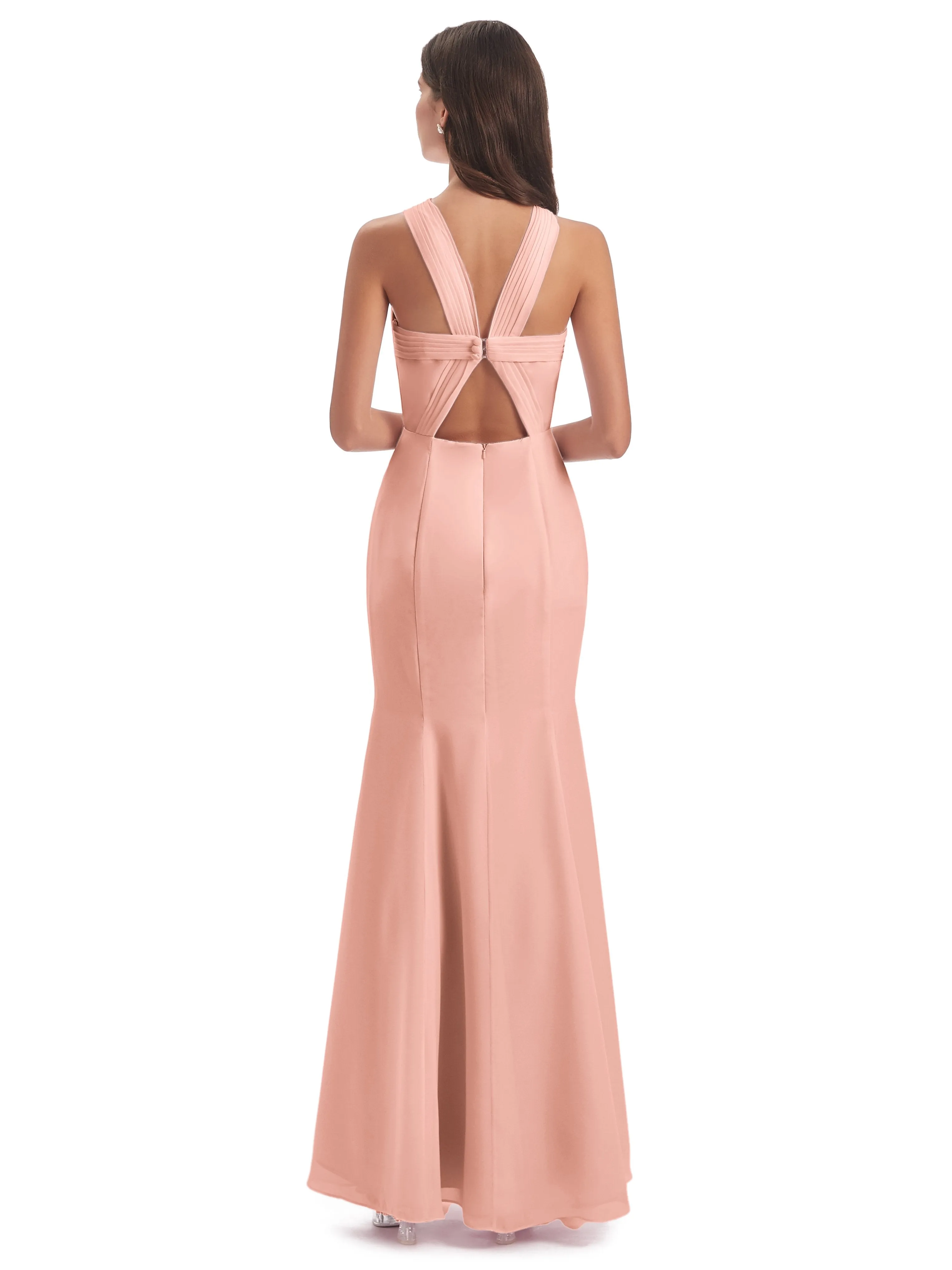 Evie Unique Trumpet-Hourglass Halter Split Long Bridesmaid Dresses