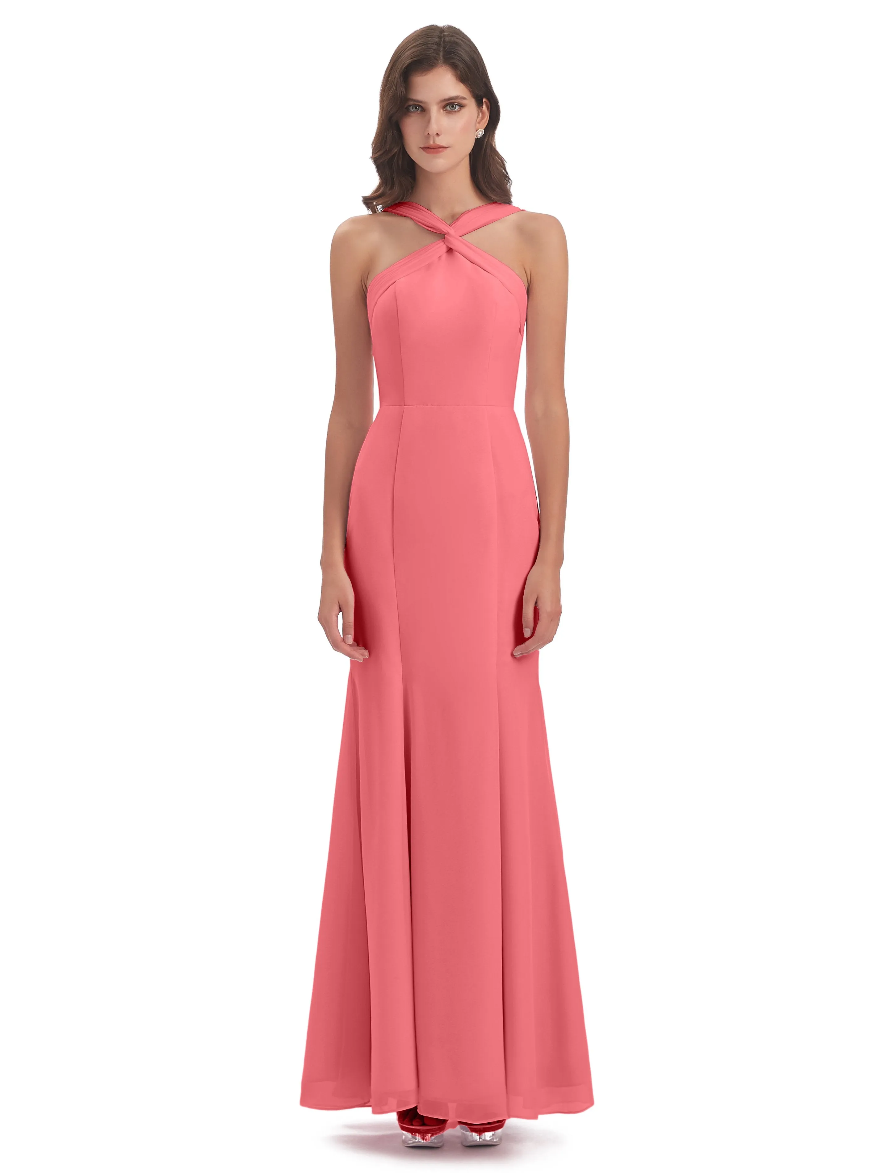 Evie Unique Trumpet-Hourglass Halter Split Long Bridesmaid Dresses